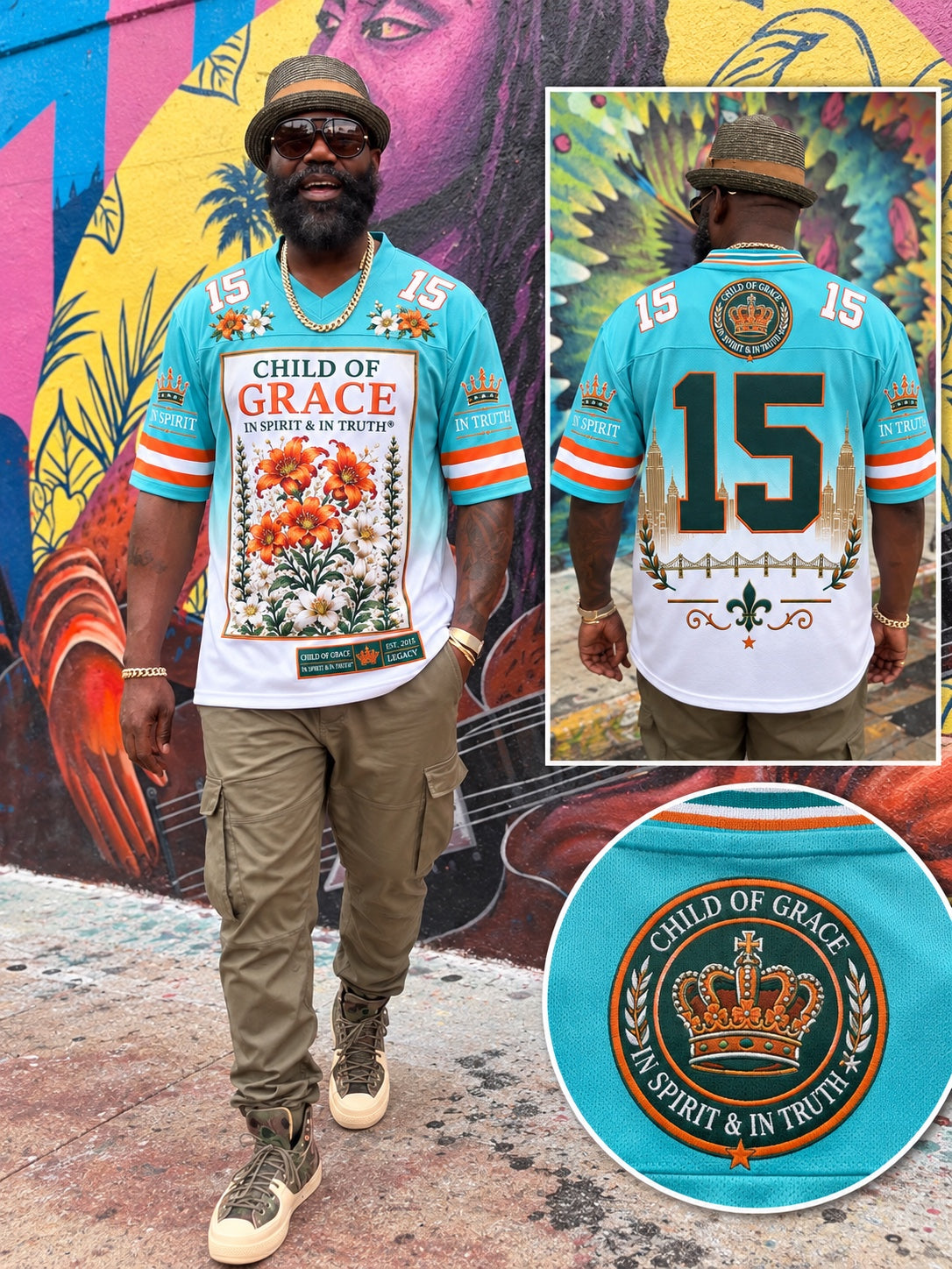 Aaron wearing the CHILD OF GRACE Sunshine State 15 Jersey in Miami, showing front, back and embroidered crest detail