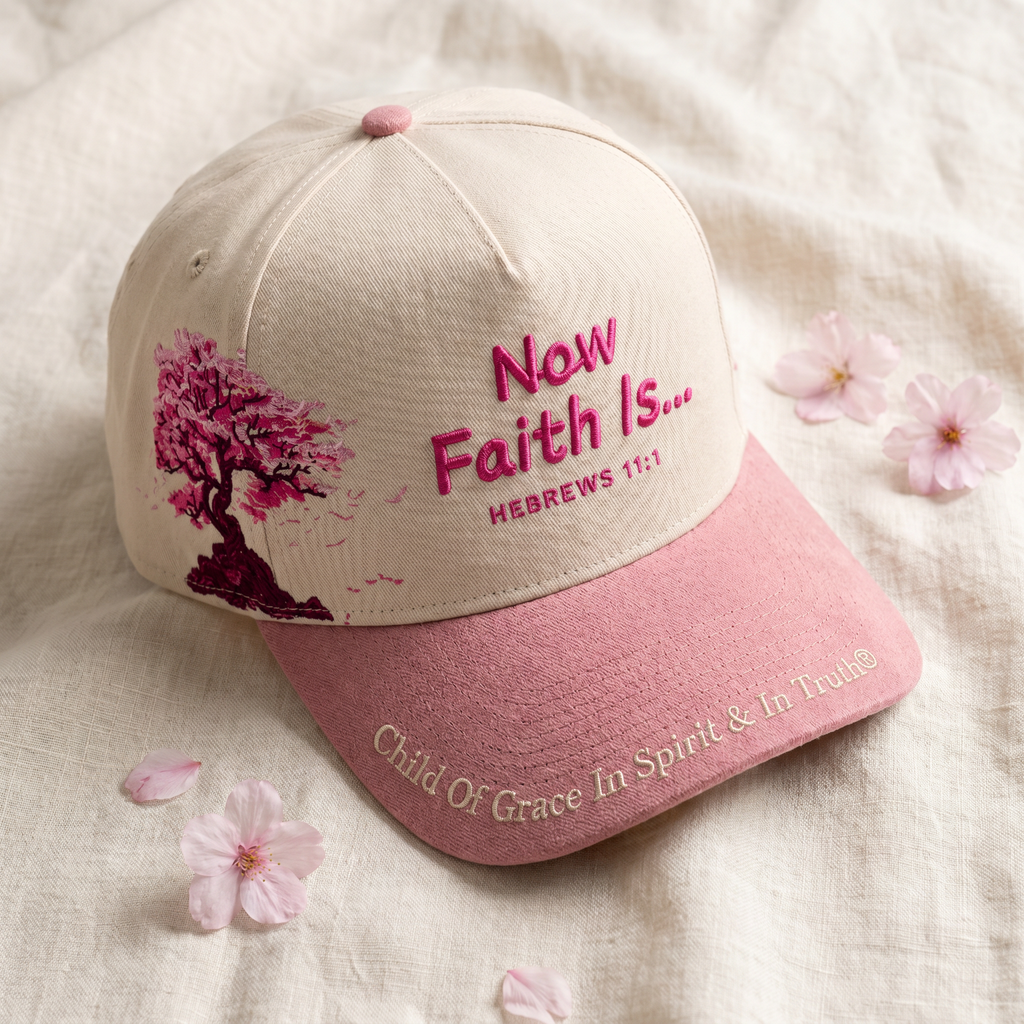 Child Of Grace Now Faith Is Blossom Dad Hat — flatlay with cherry blossom petals