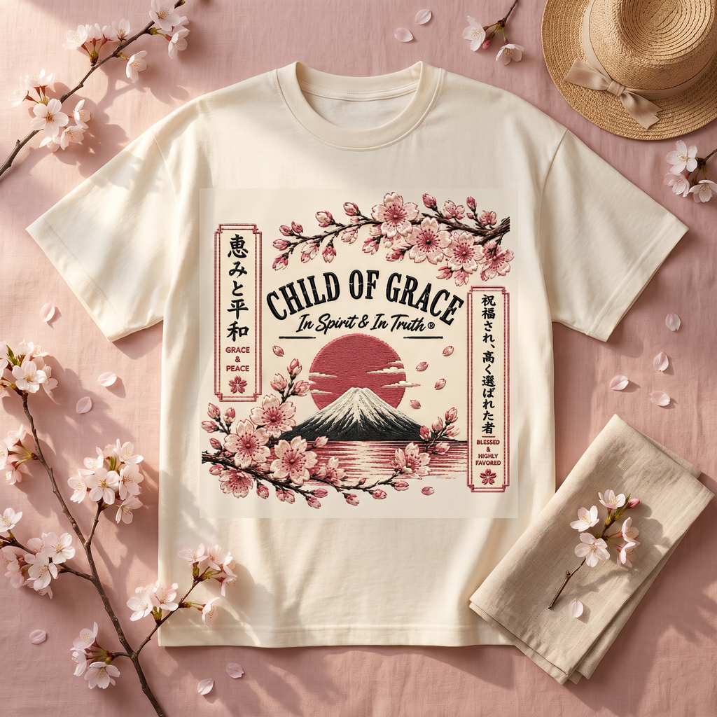 Blossom Tee - Cream flatlay with cherry blossoms