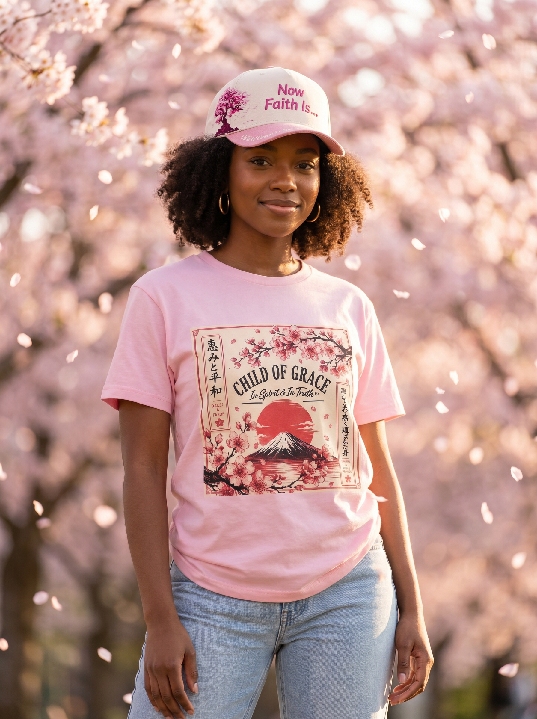 Blossom Tee editorial - model in pink tee with Now Faith Is hat