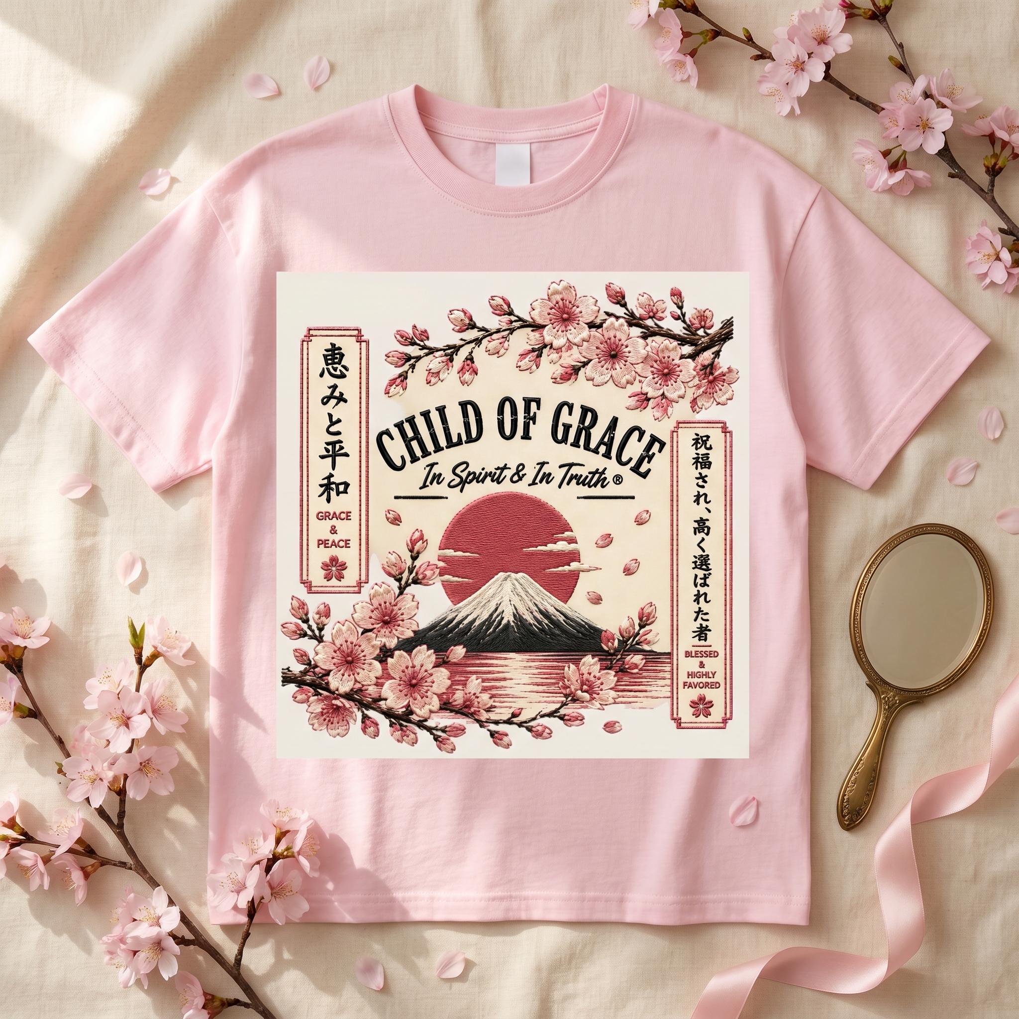 Blossom Tee - Pink flatlay with cherry blossoms