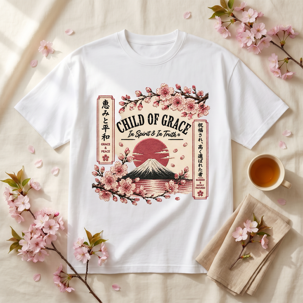 Blossom Tee - White flatlay with cherry blossoms