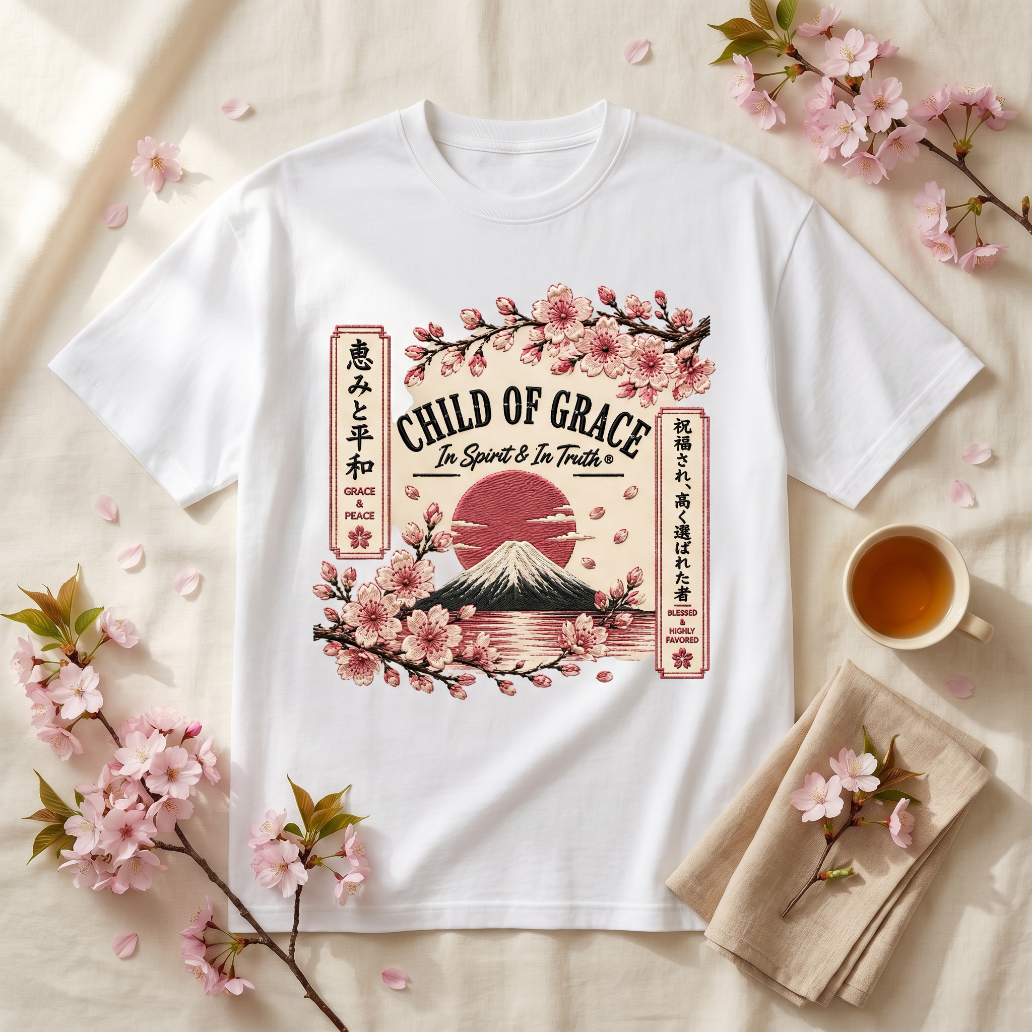 Blossom Tee - White flatlay with cherry blossoms