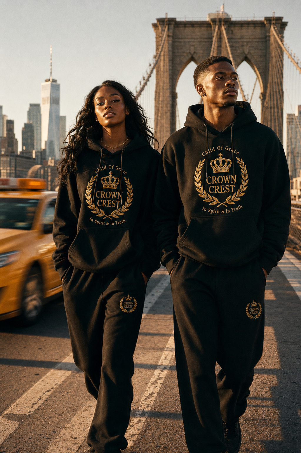 Child Of Grace In Spirit & In Truth Crown Crest hoodie and sweatpants editorial on the Brooklyn Bridge at golden hour