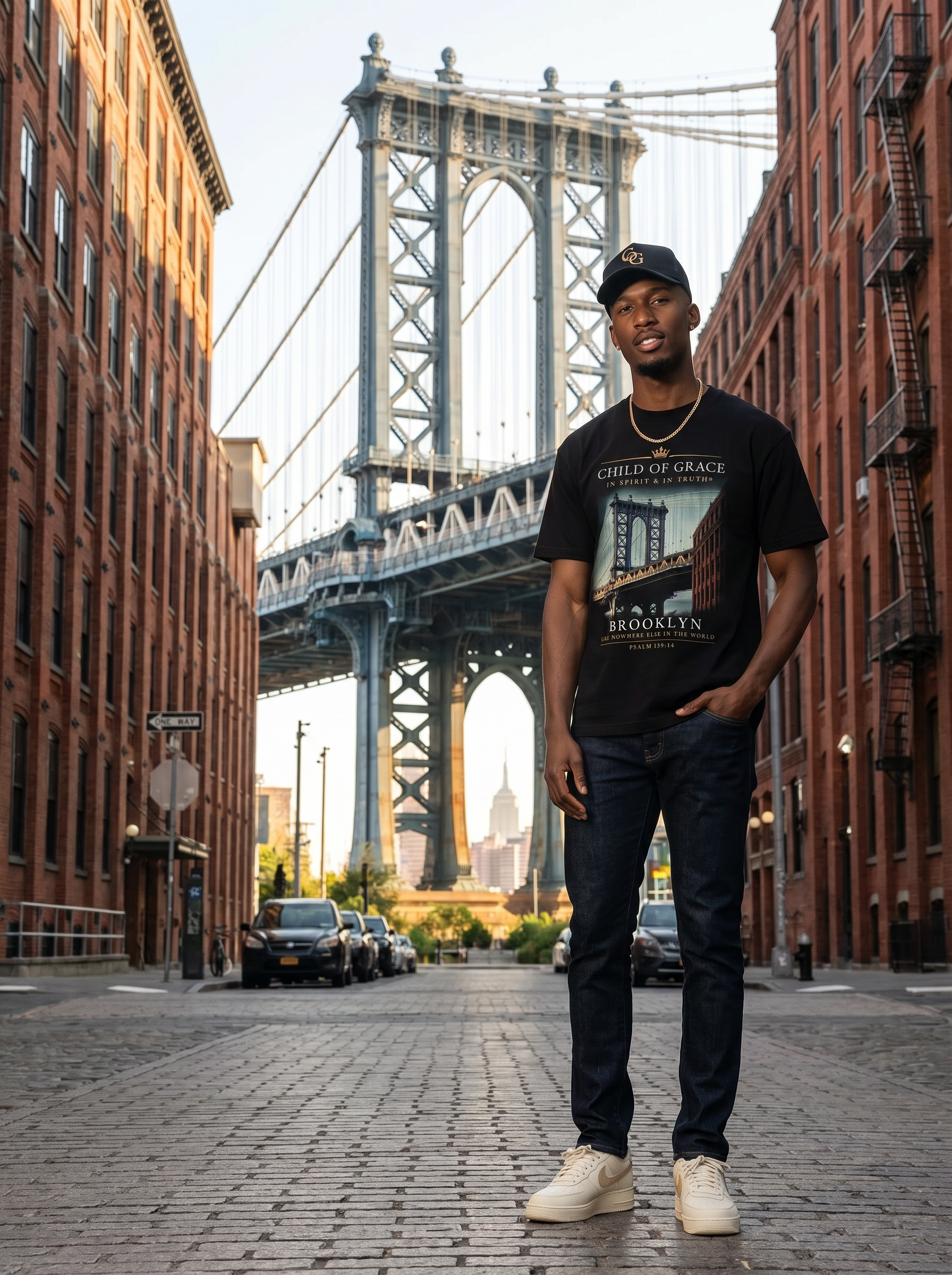 Brooklyn Tee — Manhattan Bridge DUMBO editorial: model on Washington Street DUMBO with the Manhattan Bridge framed between brick tenements and Empire State Building visible through the arch
