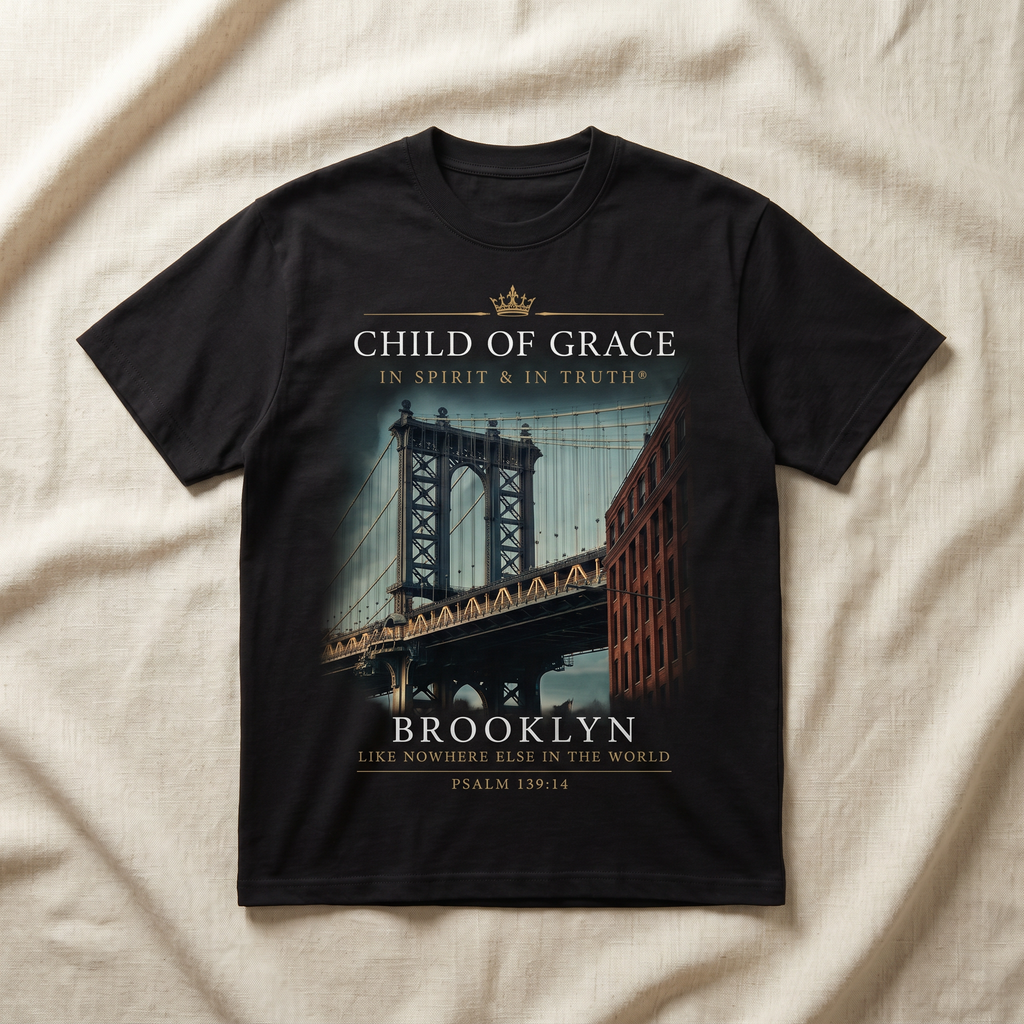 Brooklyn Tee — Manhattan Bridge DUMBO view flat-lay