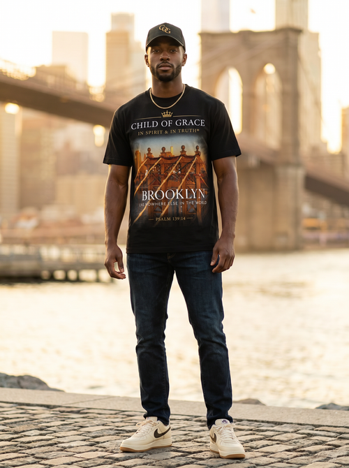 Brooklyn Tee editorial — model on DUMBO cobblestones with the Brooklyn Bridge behind