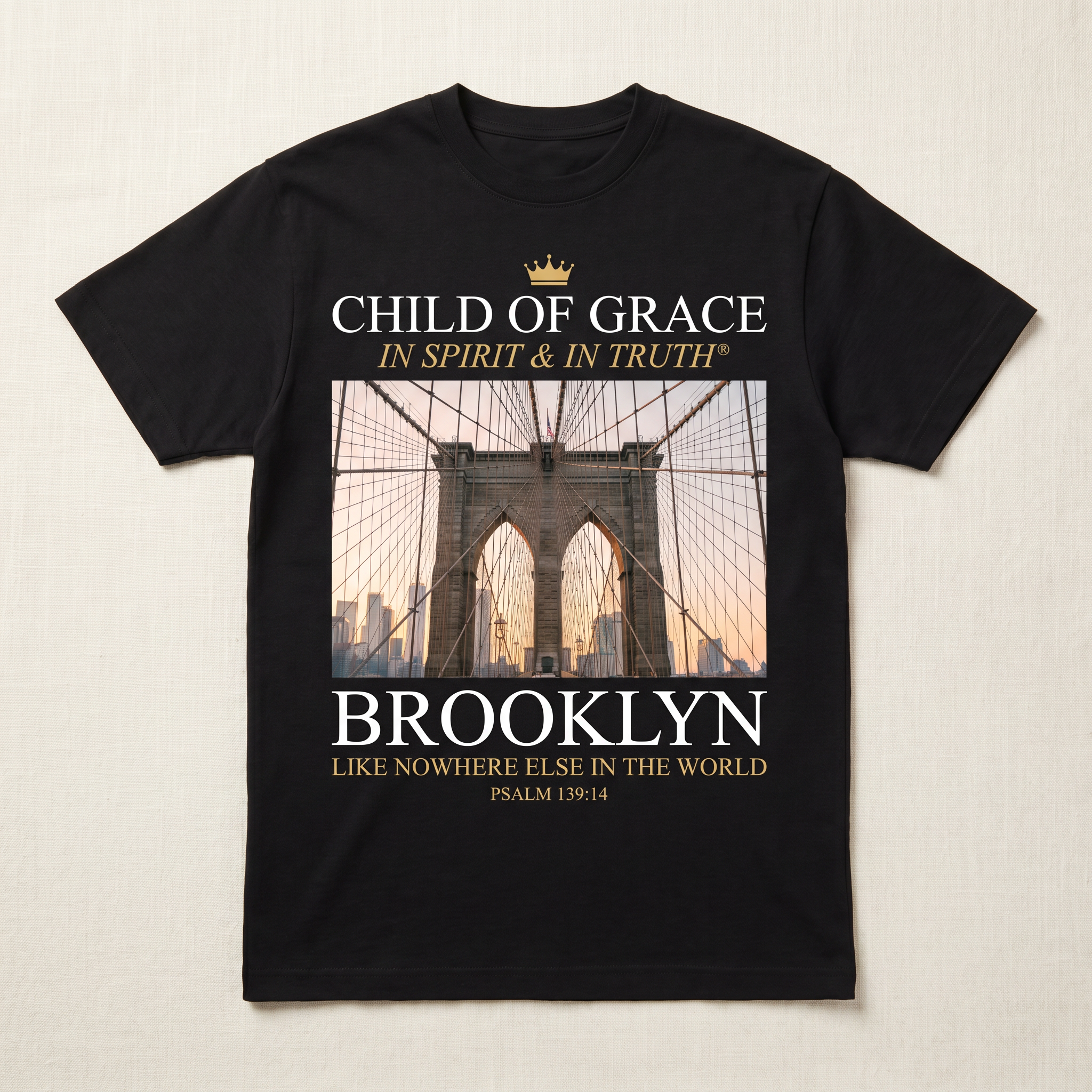 Brooklyn Tee — Brooklyn Bridge Sunset view flat-lay