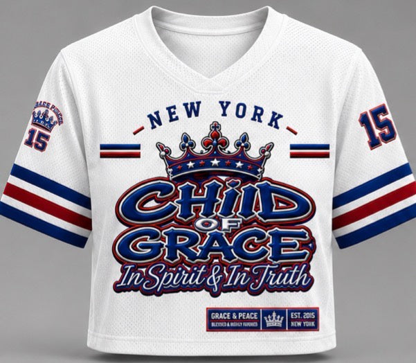 CHILD OF GRACE New York State of Grace 15 Jersey — White/Royal Blue front mockup