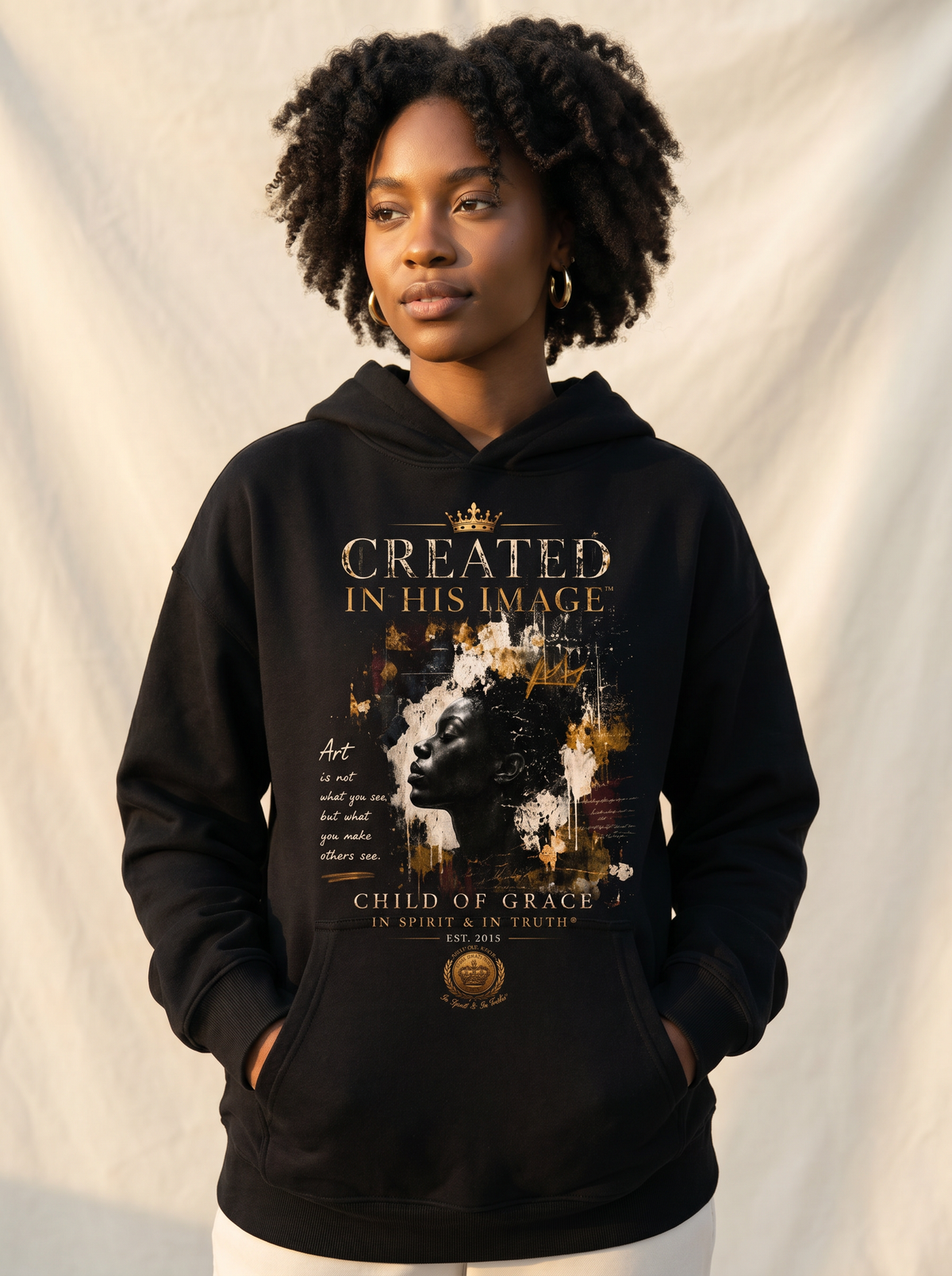 Created In His Image™ Hoodie — Editorial on-body portrait