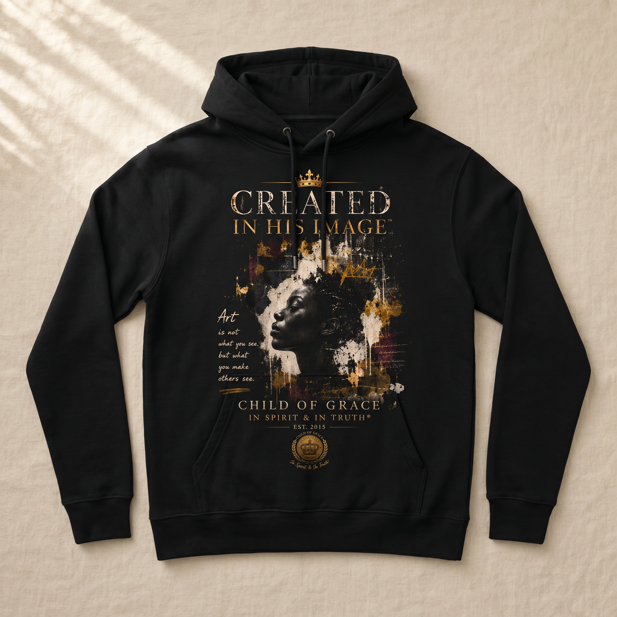 Created In His Image™ Hoodie — Cream linen flat-lay