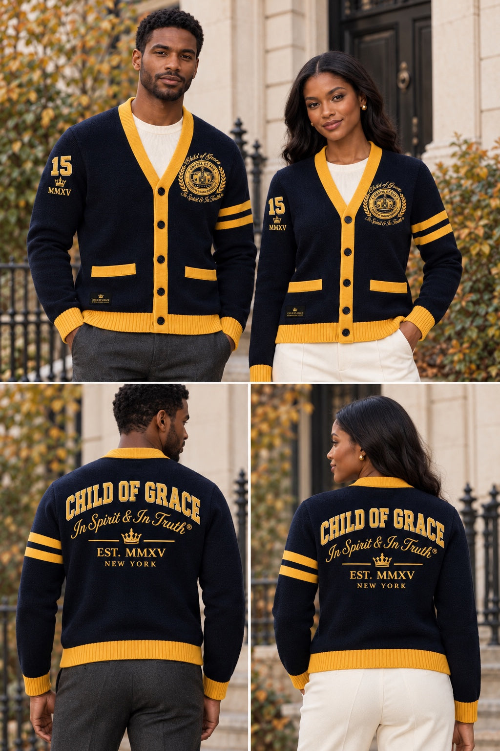 Child Of Grace navy-and-gold cardigan lookbook showing the couple from the front and each model from the back
