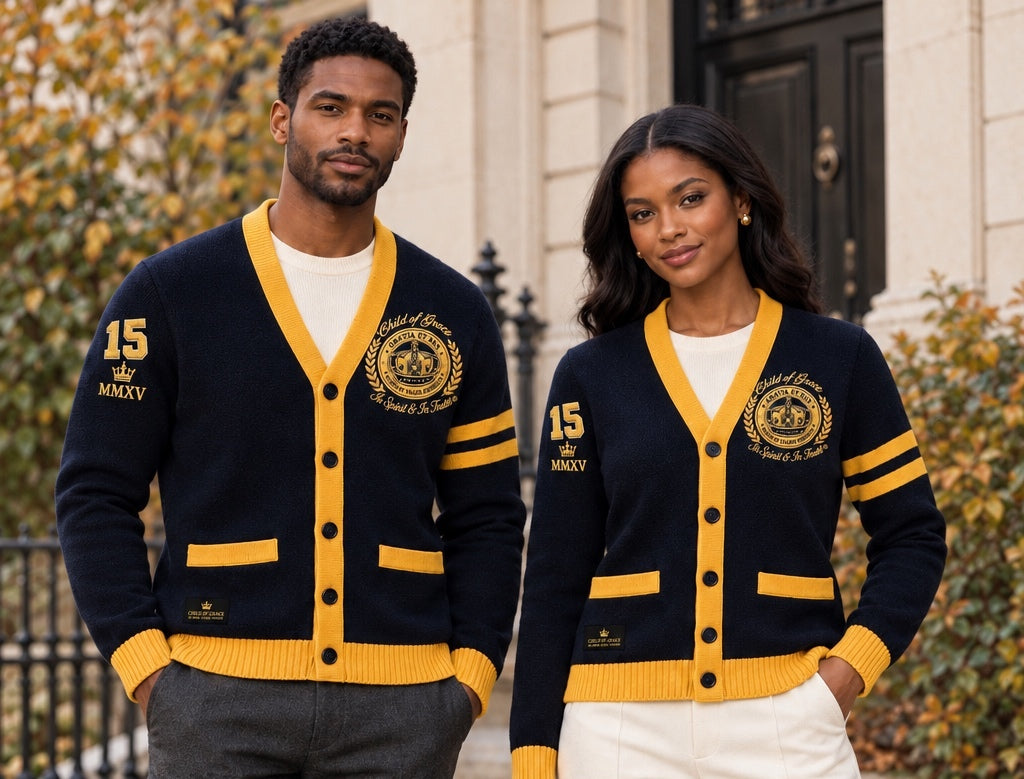 Male and female models wearing navy-and-gold Child Of Grace cardigans, front view