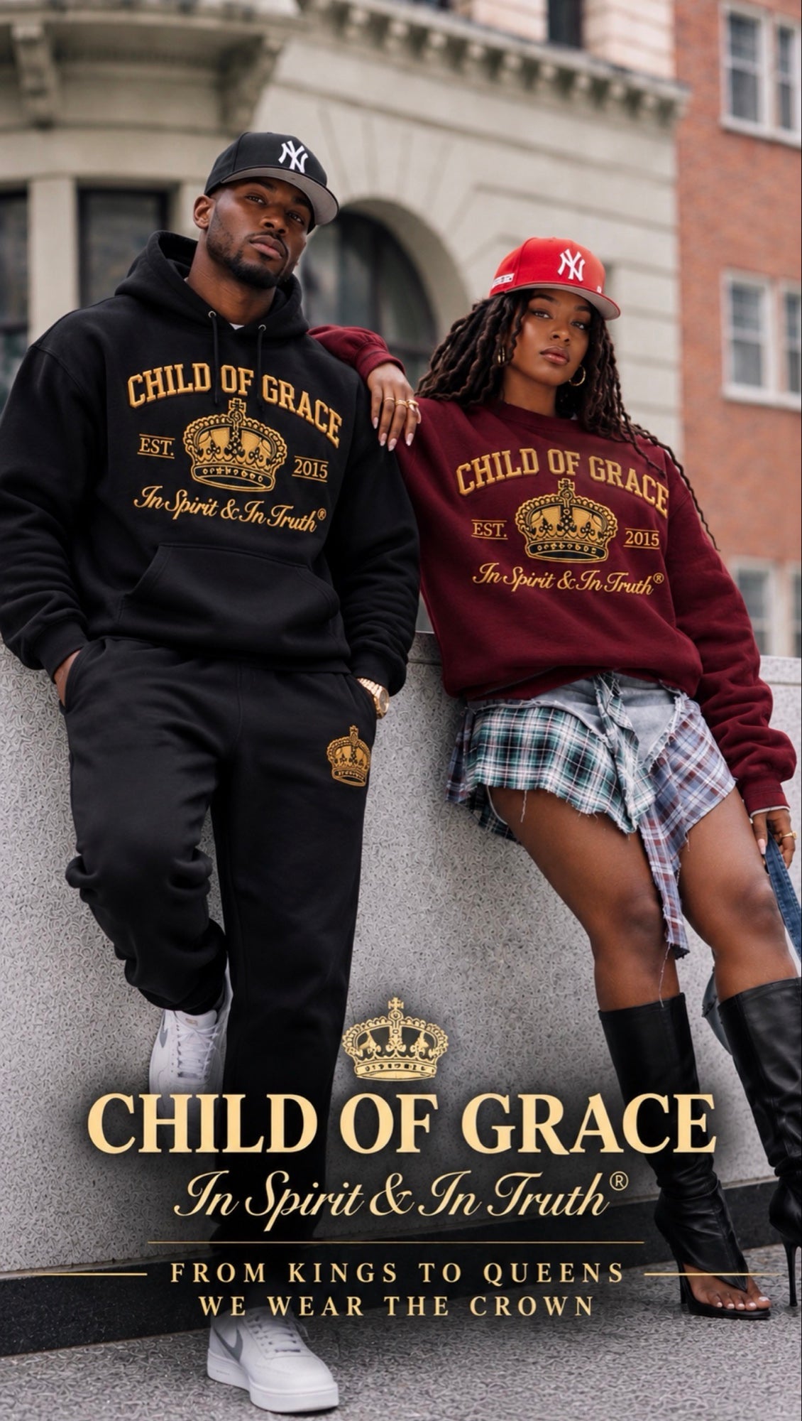 Child Of Grace Genesis collection: male model in a black crown hoodie and female model in a burgundy crown sweatshirt, with From Kings to Queens We Wear the Crown branding.