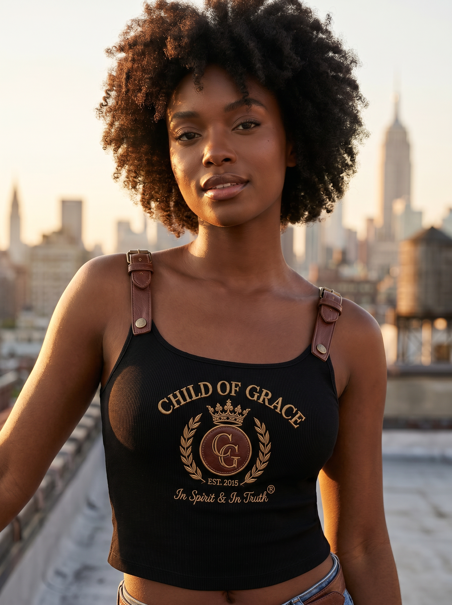 Child Of Grace Crest Buckle-Strap Tank — Black, NYC rooftop editorial