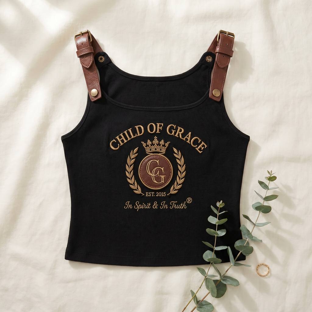 Child Of Grace Crest Buckle-Strap Tank — Black flatlay on linen