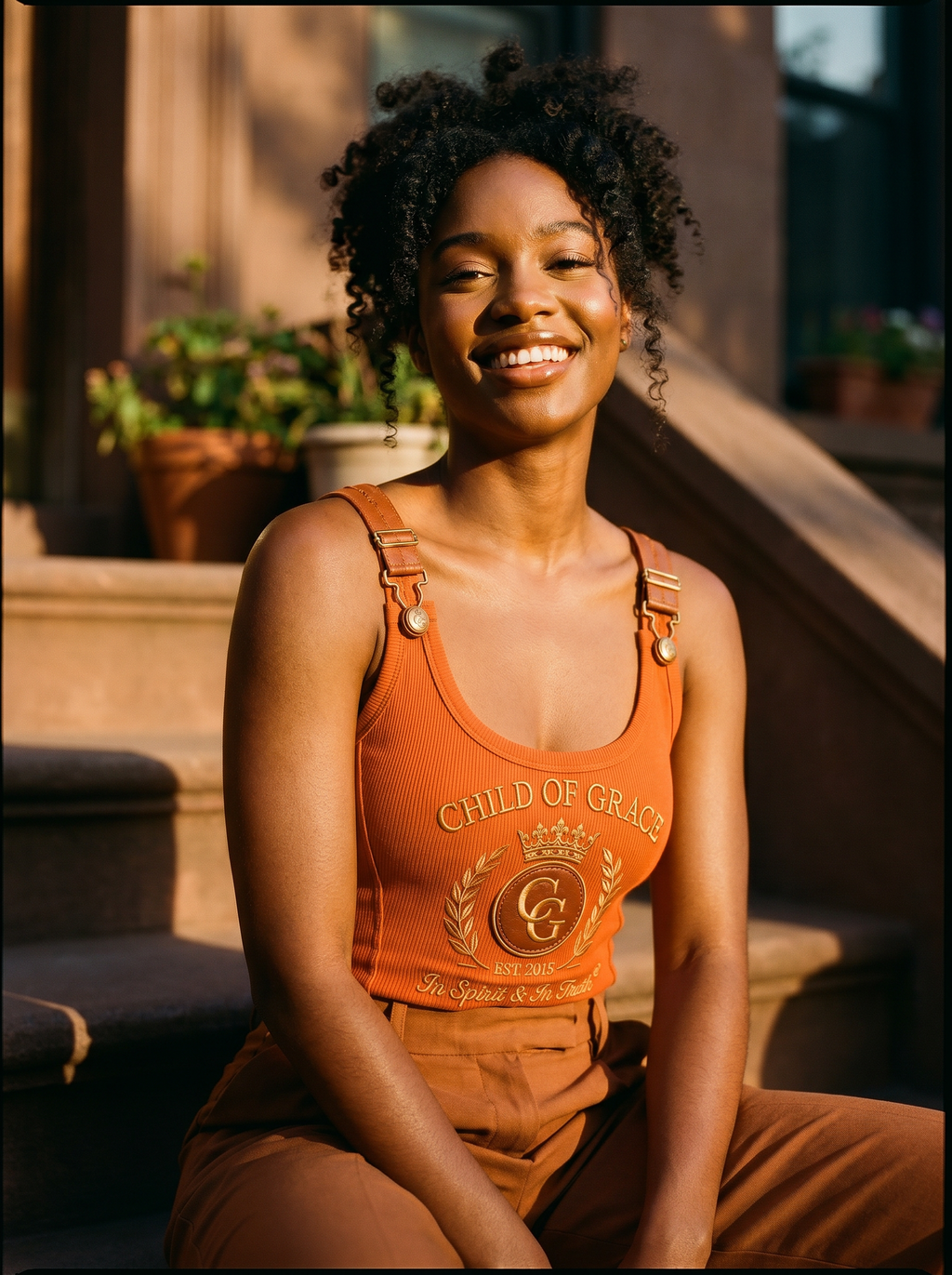 Child Of Grace Crest Buckle-Strap Tank — Rust Orange, Brooklyn brownstone editorial