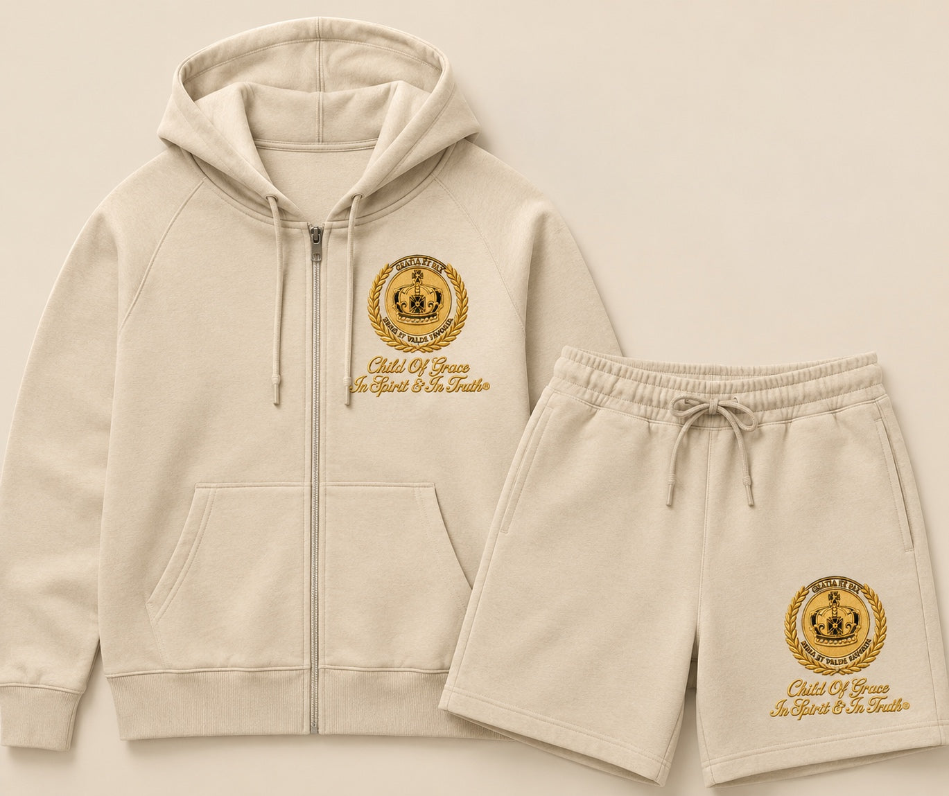 Crest Hoodie Set Bone × Gold — bone fleece hoodie and shorts with 24K gold thread crest embroidery