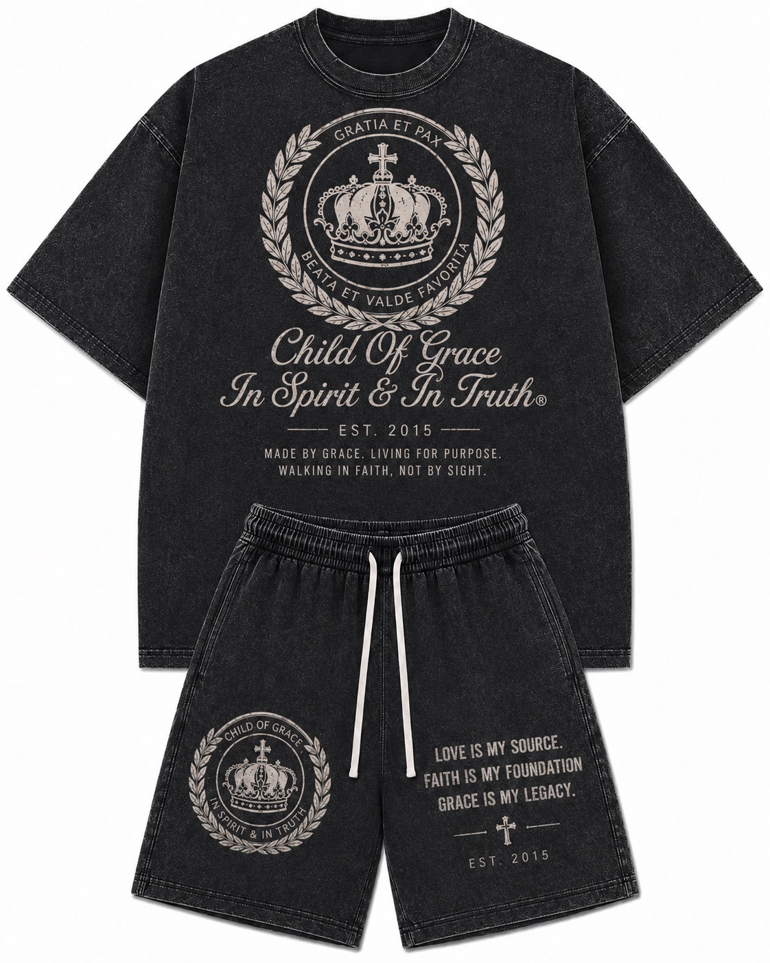 Crest Set Onyx — washed black tee and shorts with cream embroidery