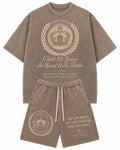 Crest Set Sandstone — washed taupe tee and shorts with tonal cream embroidery