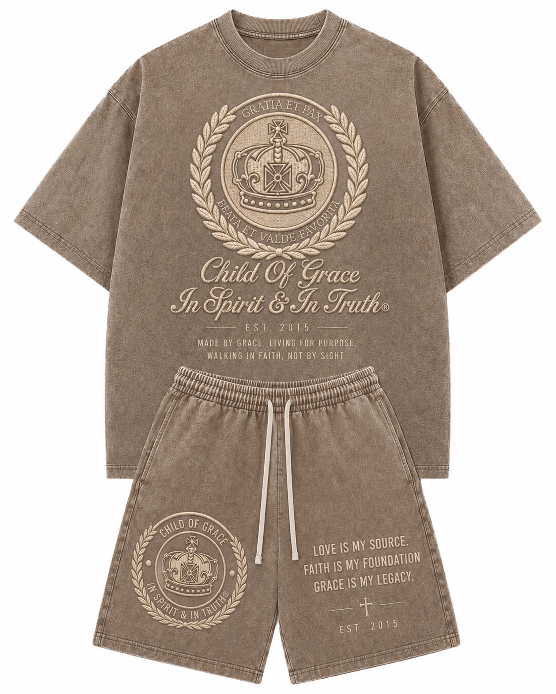 Crest Set Sandstone — washed taupe tee and shorts with tonal cream embroidery