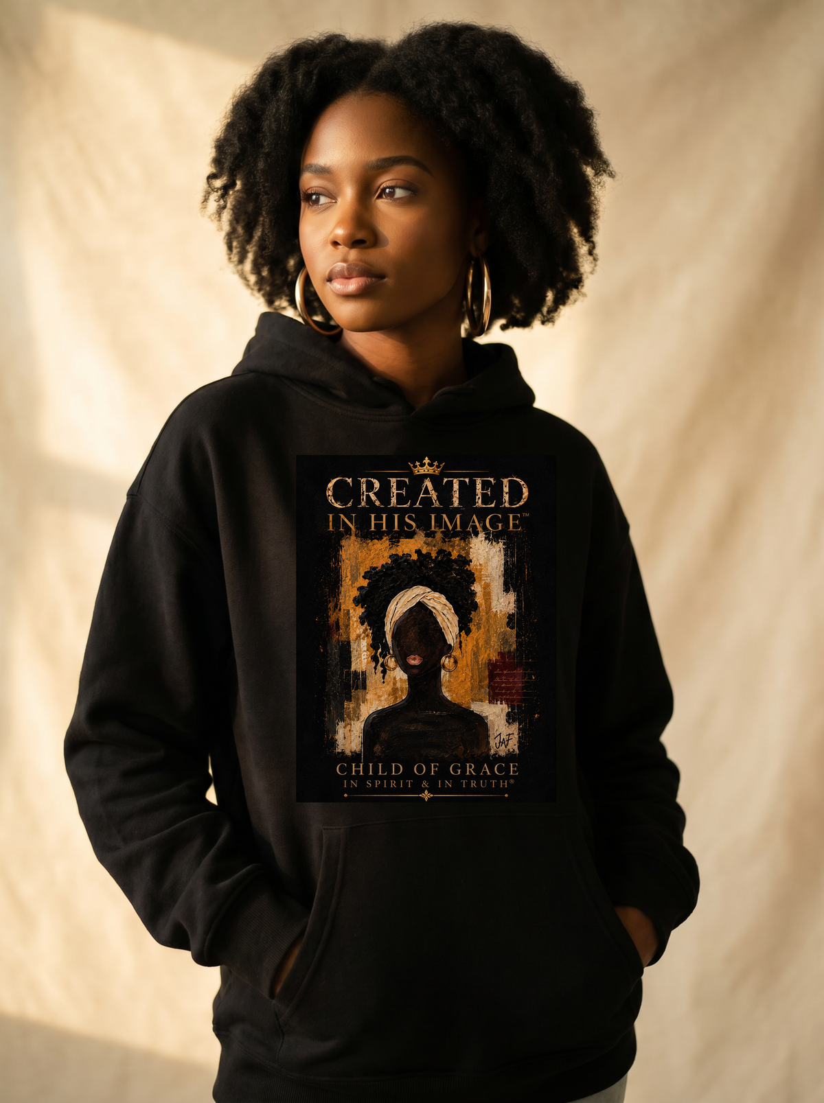 Empress of Grace hoodie studio-model mockup with complete approved Created In His Image headwrap artwork