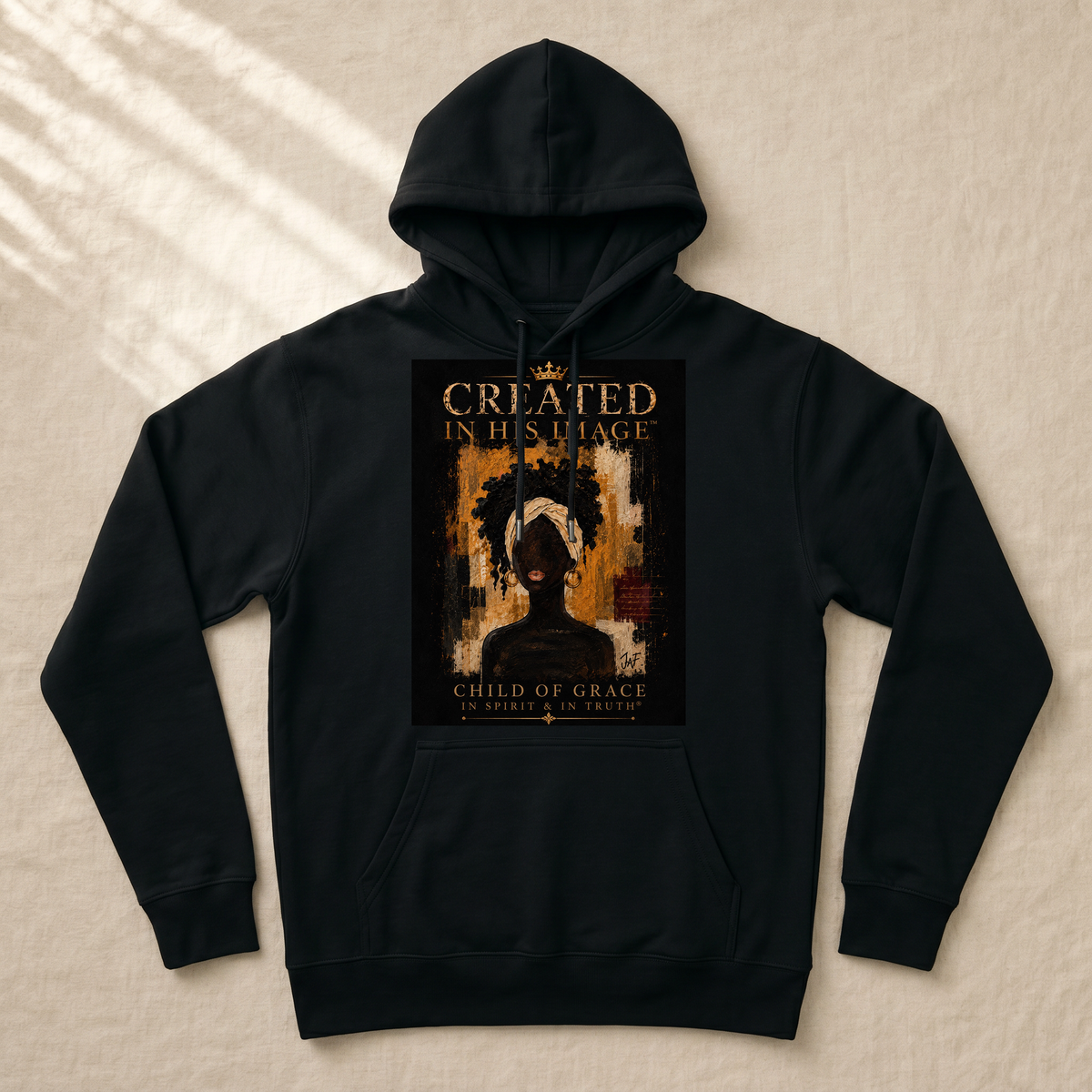 Empress of Grace hoodie flat-lay mockup with complete approved Created In His Image headwrap artwork