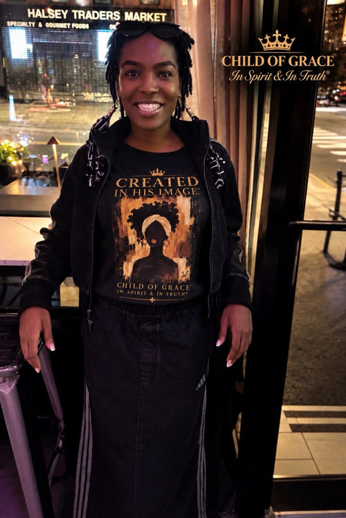 Created In His Image headwrap artwork on a tee worn by the founder's friend