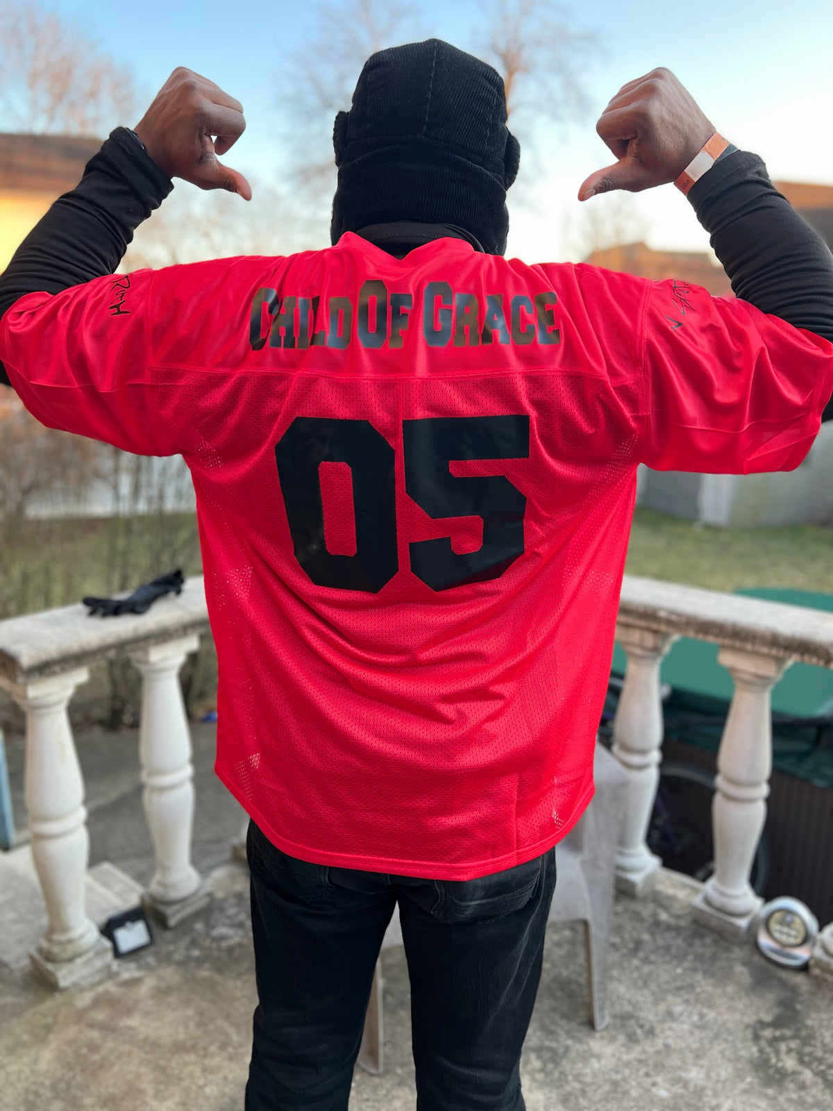 CHILD OF GRACE Genesis 05 Throwback Jersey red lifestyle back view