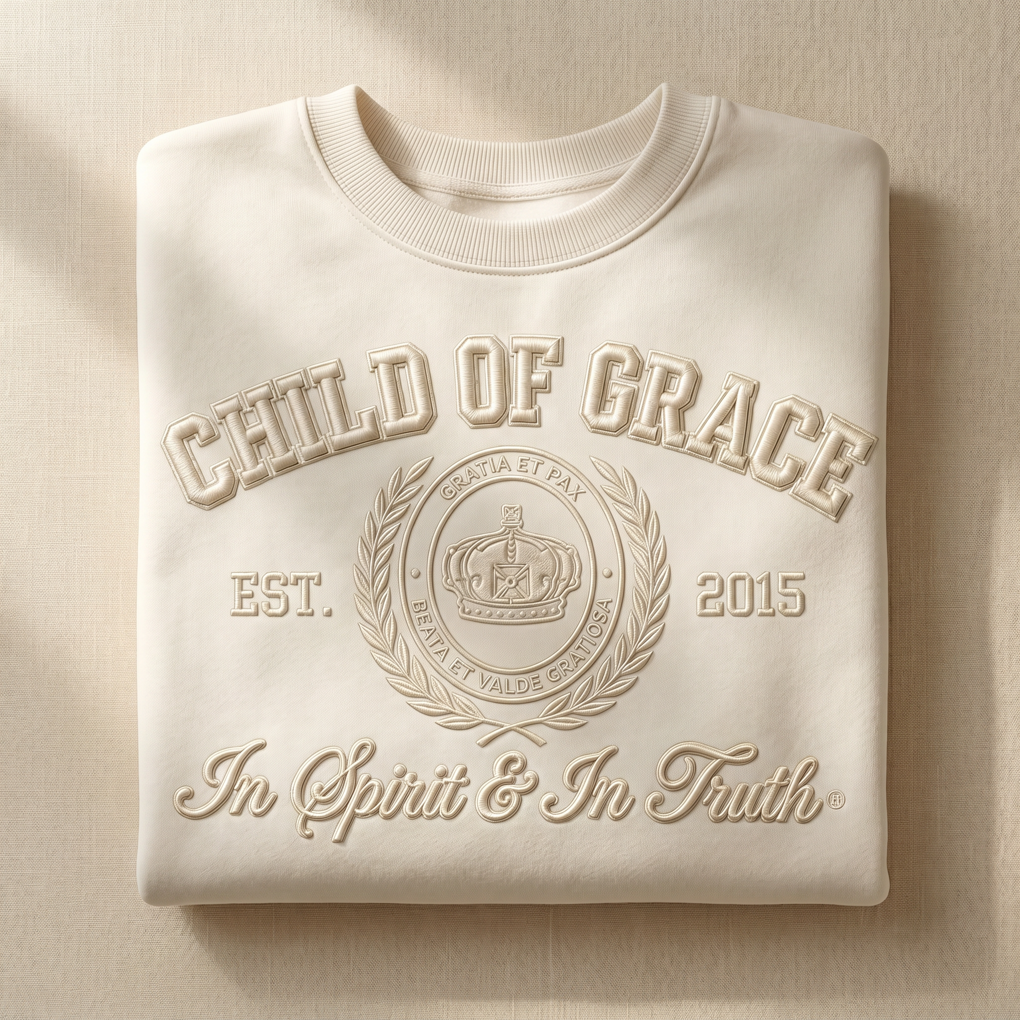 Genesis Crest Crewneck — Cream with tonal tone-on-tone embroidery, GRATIA ET PAX and BEATA ET VALDE GRATIOSA correctly rendered