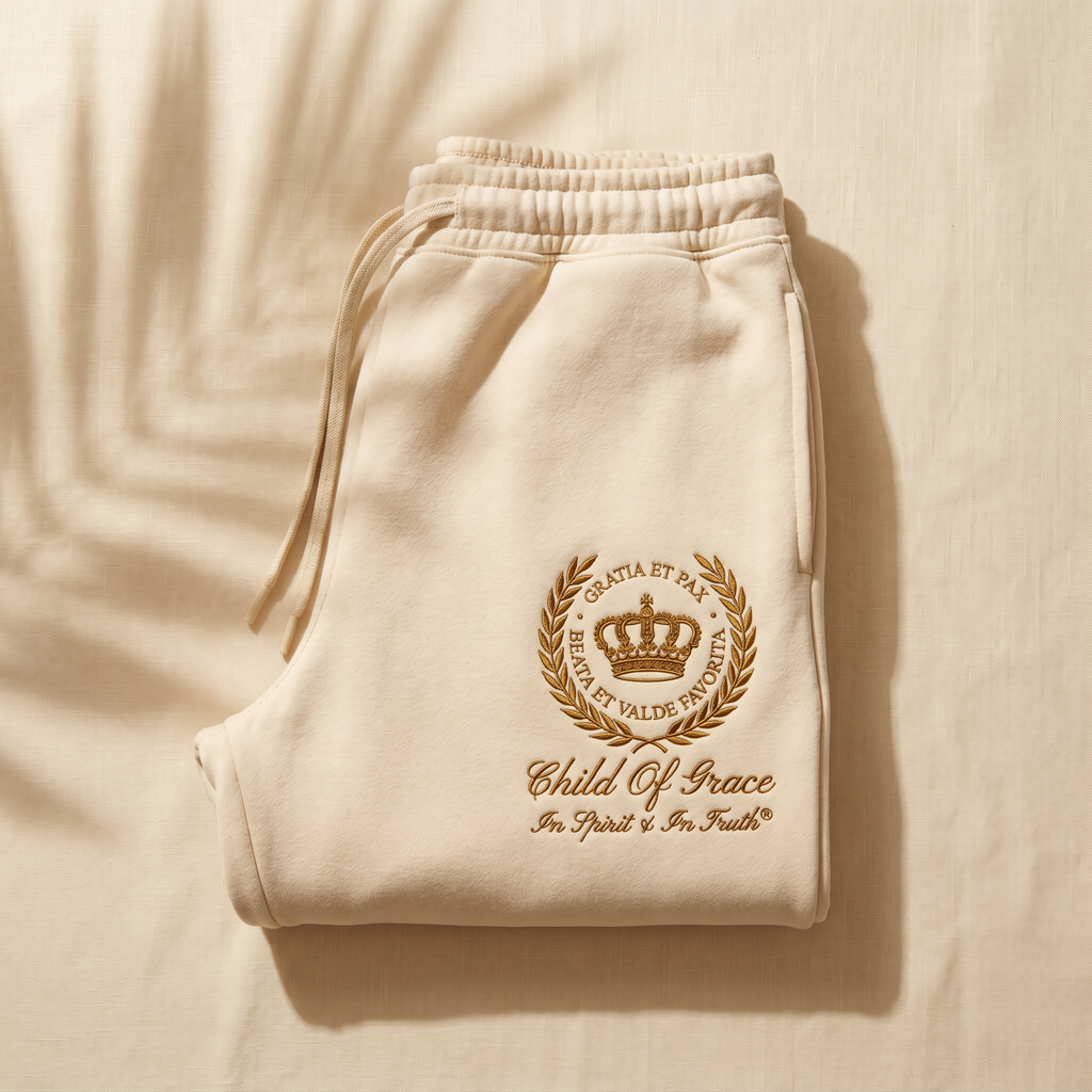 Genesis Crest Sweatpants — Cream Sandstone with antique gold embroidered crest, folded flat-lay