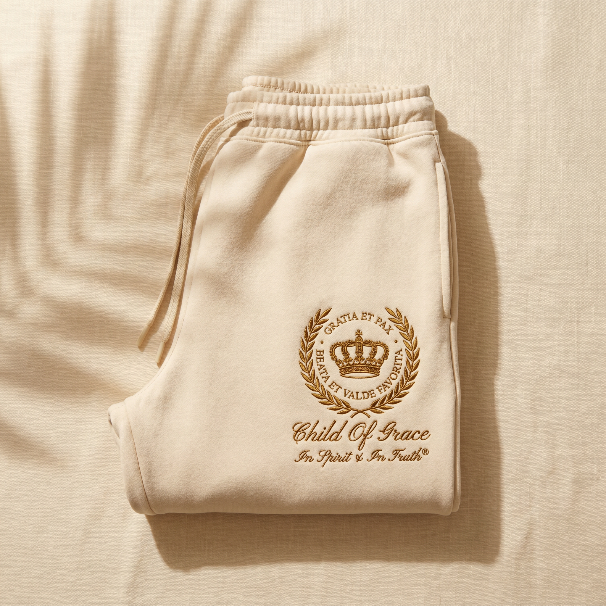 Genesis Crest Sweatpants — Cream Sandstone with antique gold embroidered crest, folded flat-lay