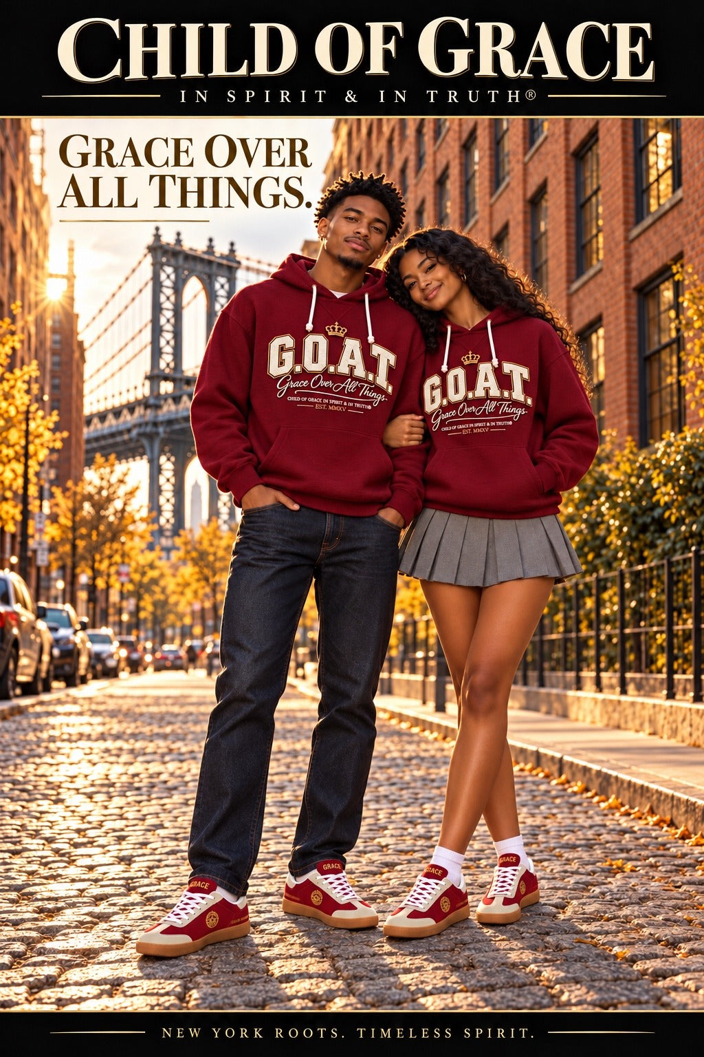 Front view poster: couple in burgundy Child Of Grace G.O.A.T. hoodies on a DUMBO cobblestone street, headline Grace Over All Things