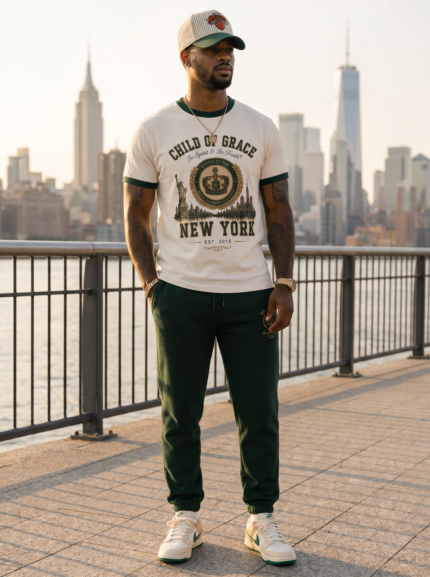 Heritage NY Ringer Tee editorial — model on Brooklyn waterfront with Manhattan skyline