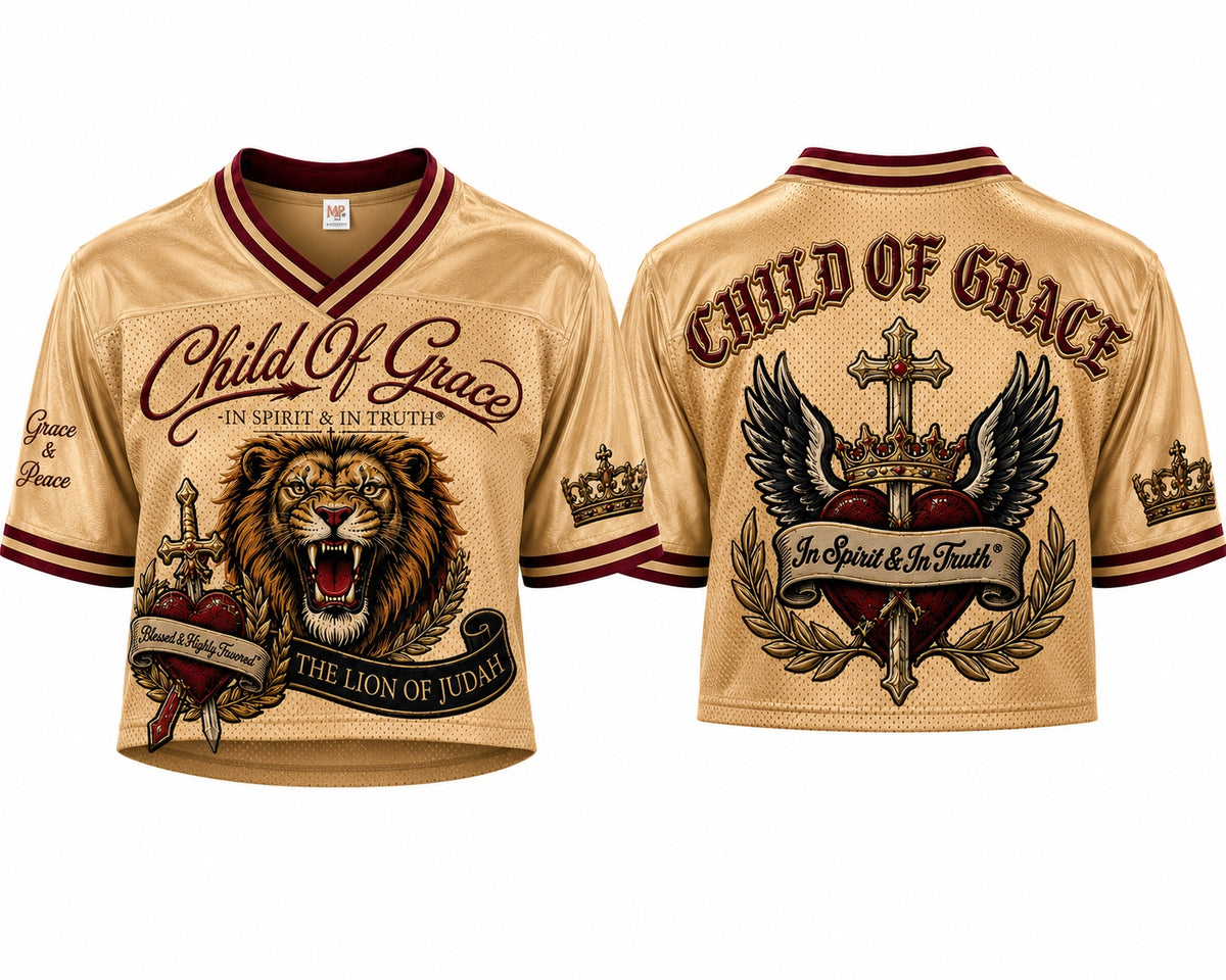 Lion of Judah Mesh Crop Jersey Gold Heritage — Front and back product view with maroon trim