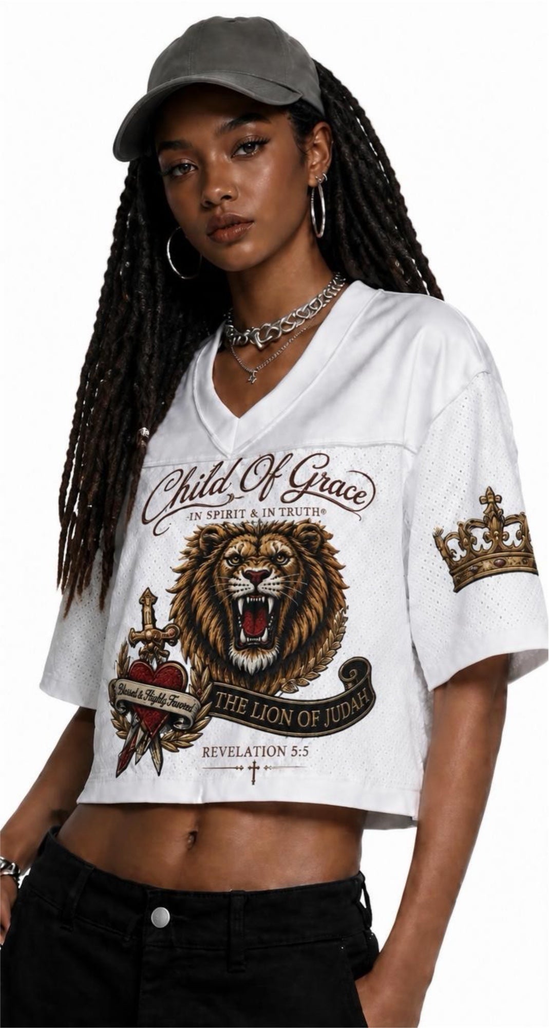 Lion of Judah Mesh Crop Jersey White — Lifestyle model shot