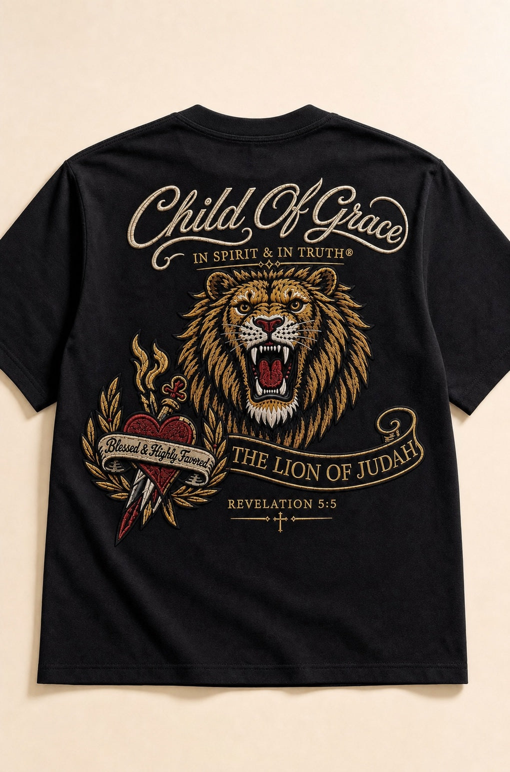 Lion of Judah Pocket Tee Black — Back full Lion embroidery Revelation 5:5