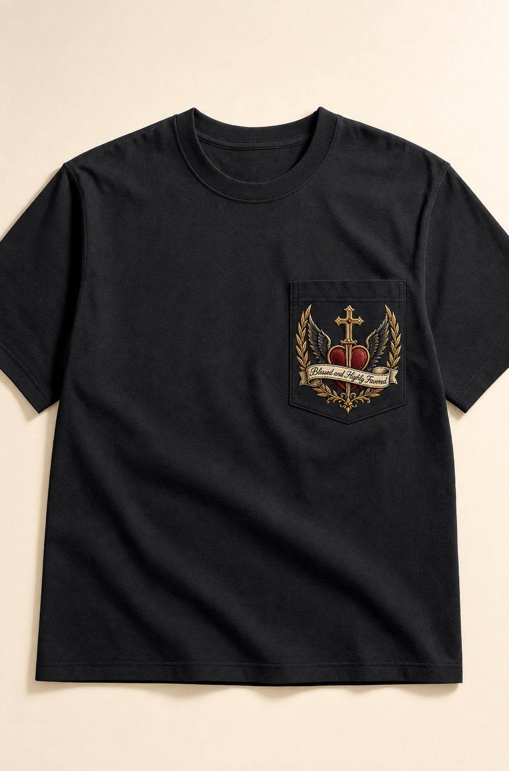 Lion of Judah Pocket Tee Black — Front pocket embroidery