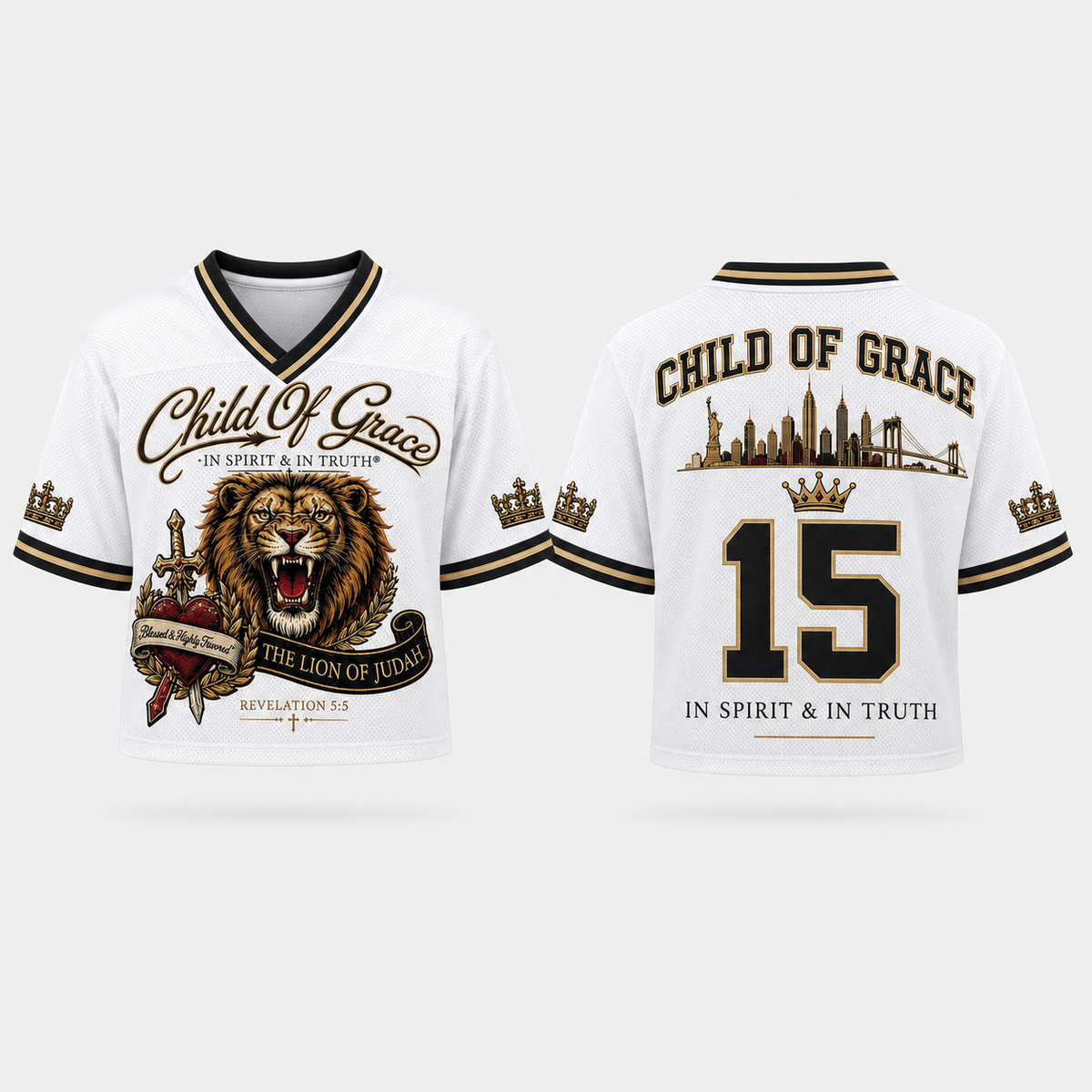 Lion of Judah White Heritage boxy mesh crop jersey, front and New York number 15 back views