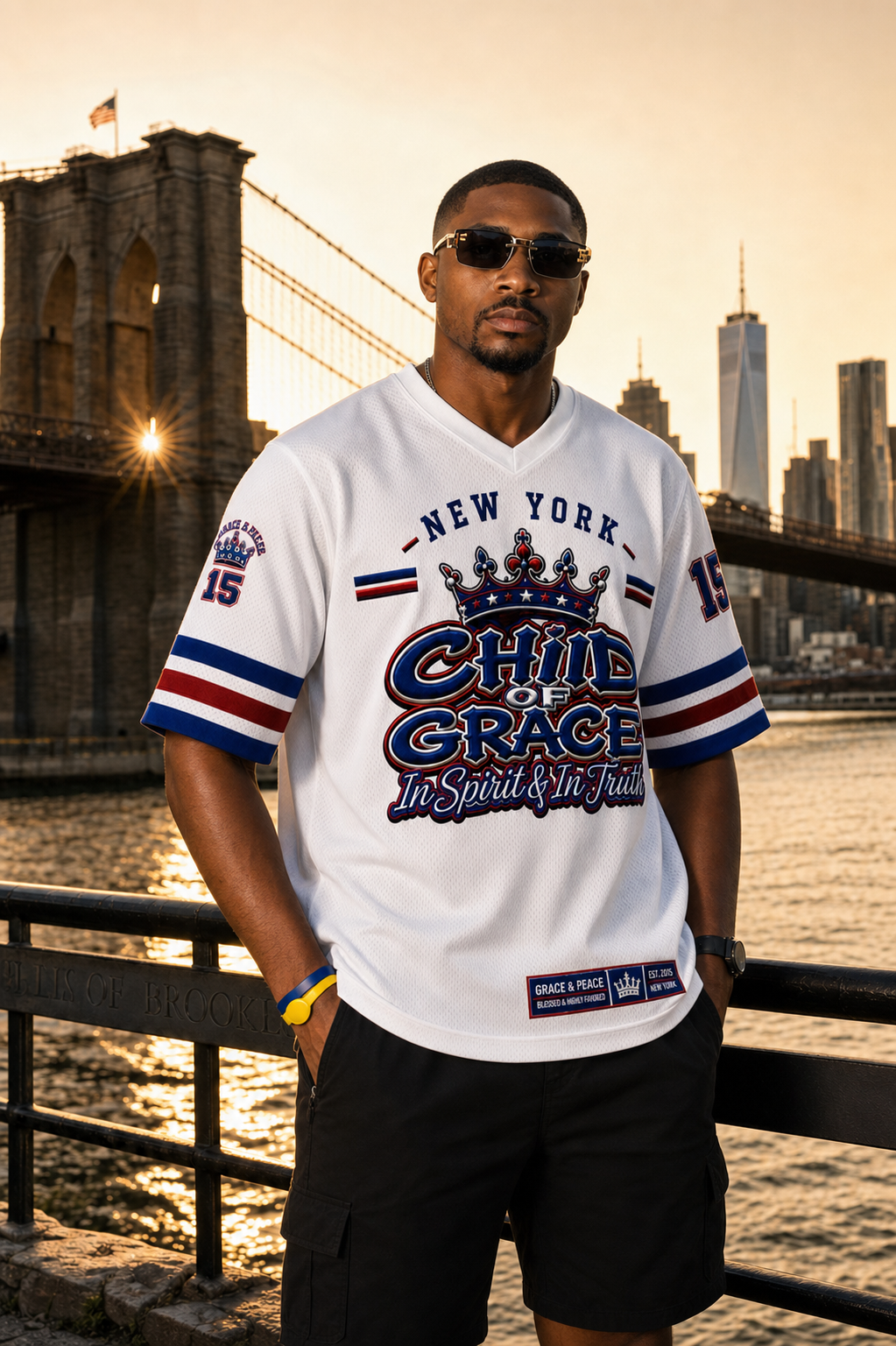 CHILD OF GRACE New York State of Grace 15 Jersey White Royal Blue - men's full-size fit hero photo, Brooklyn Bridge backdrop