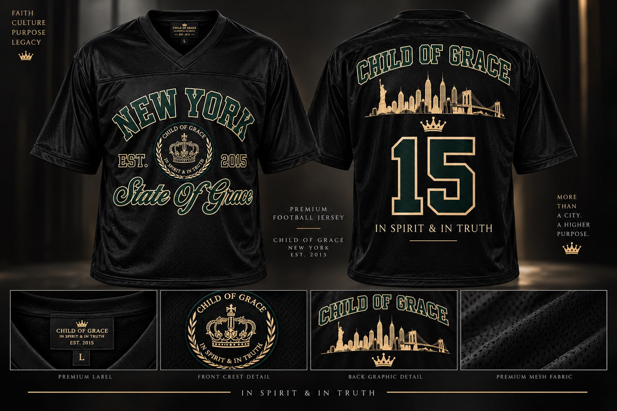 CHILD OF GRACE New York State of Grace 15 Jersey premium front, back, crest, label and mesh details