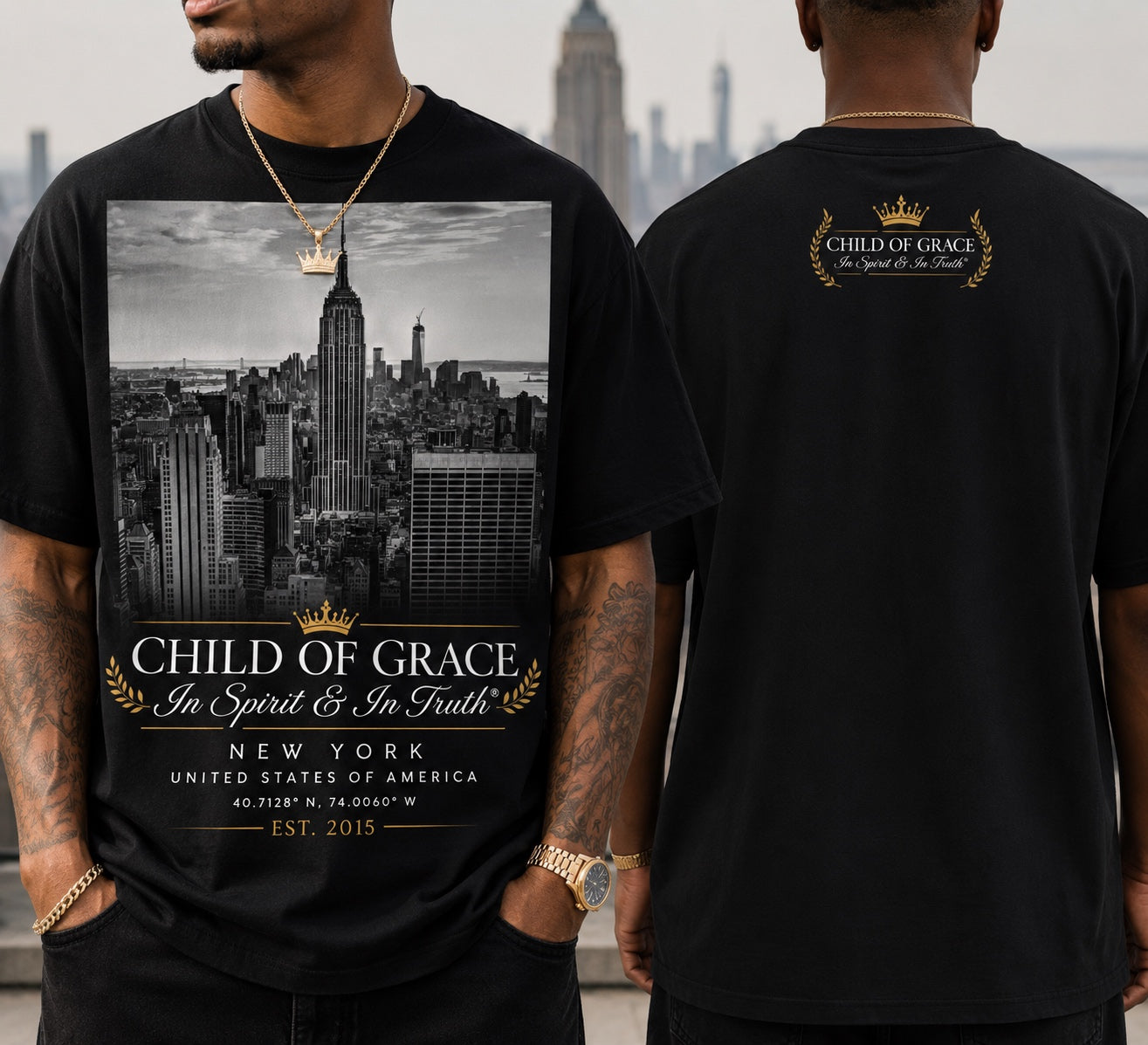 NYC Skyline Tee — Onyx. Empire State Building skyline print with gold crown lockup, Child Of Grace In Spirit & In Truth