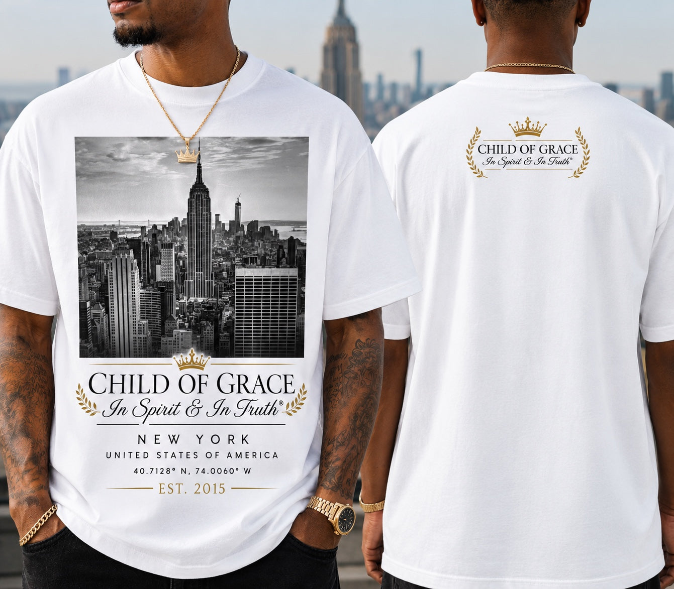NYC Skyline Tee — Cloud White. Empire State Building skyline print with gold crown lockup, Child Of Grace In Spirit & In Truth
