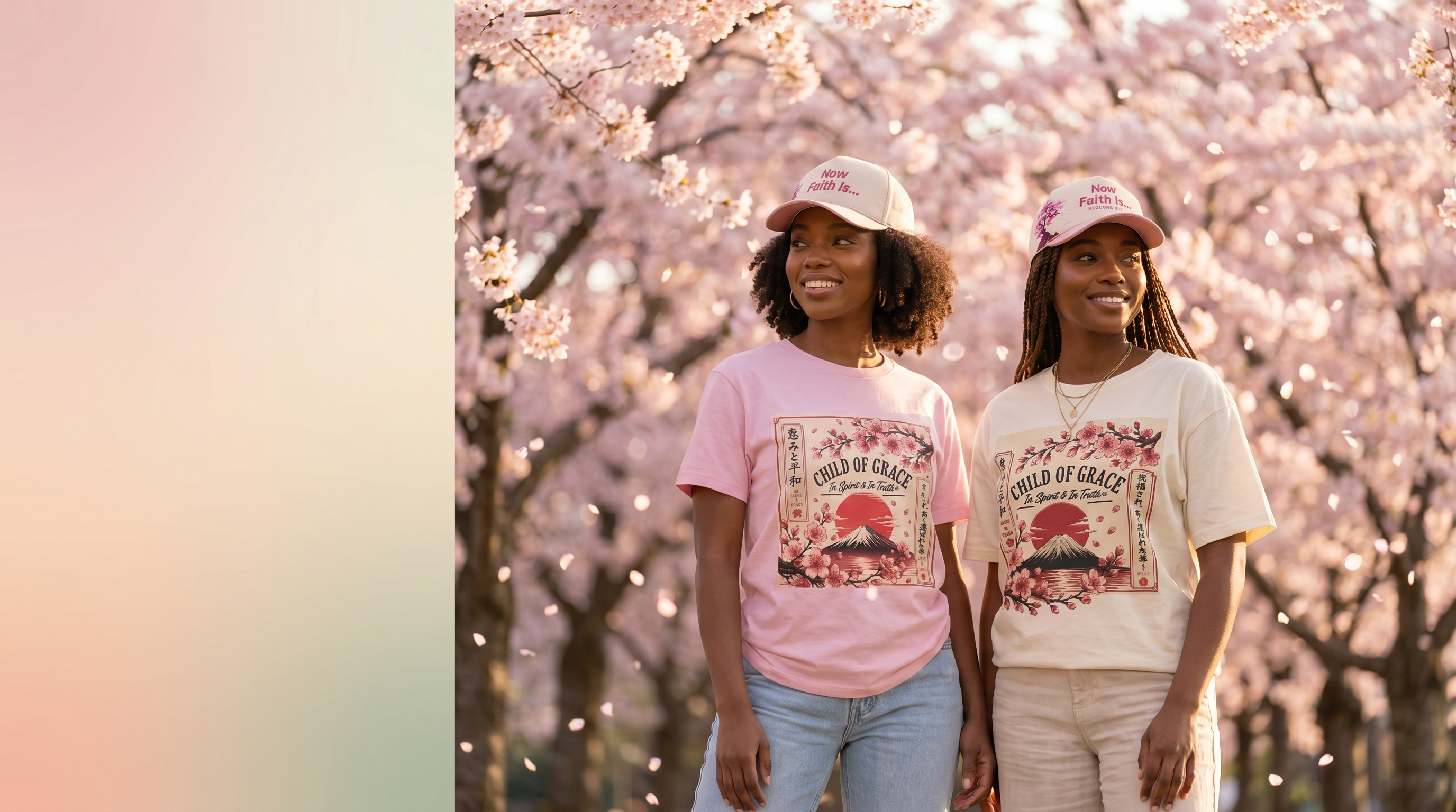 Spring/Summer Collection hero - two models in cherry blossom tees and Now Faith Is hats under blooming sakura