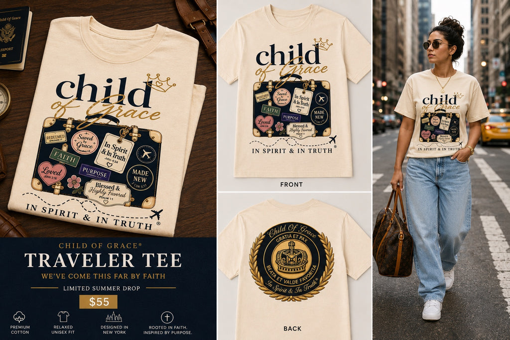 Child Of Grace Traveler Tee — lifestyle collage. Limited Summer Drop. We've Come This Far By Faith.