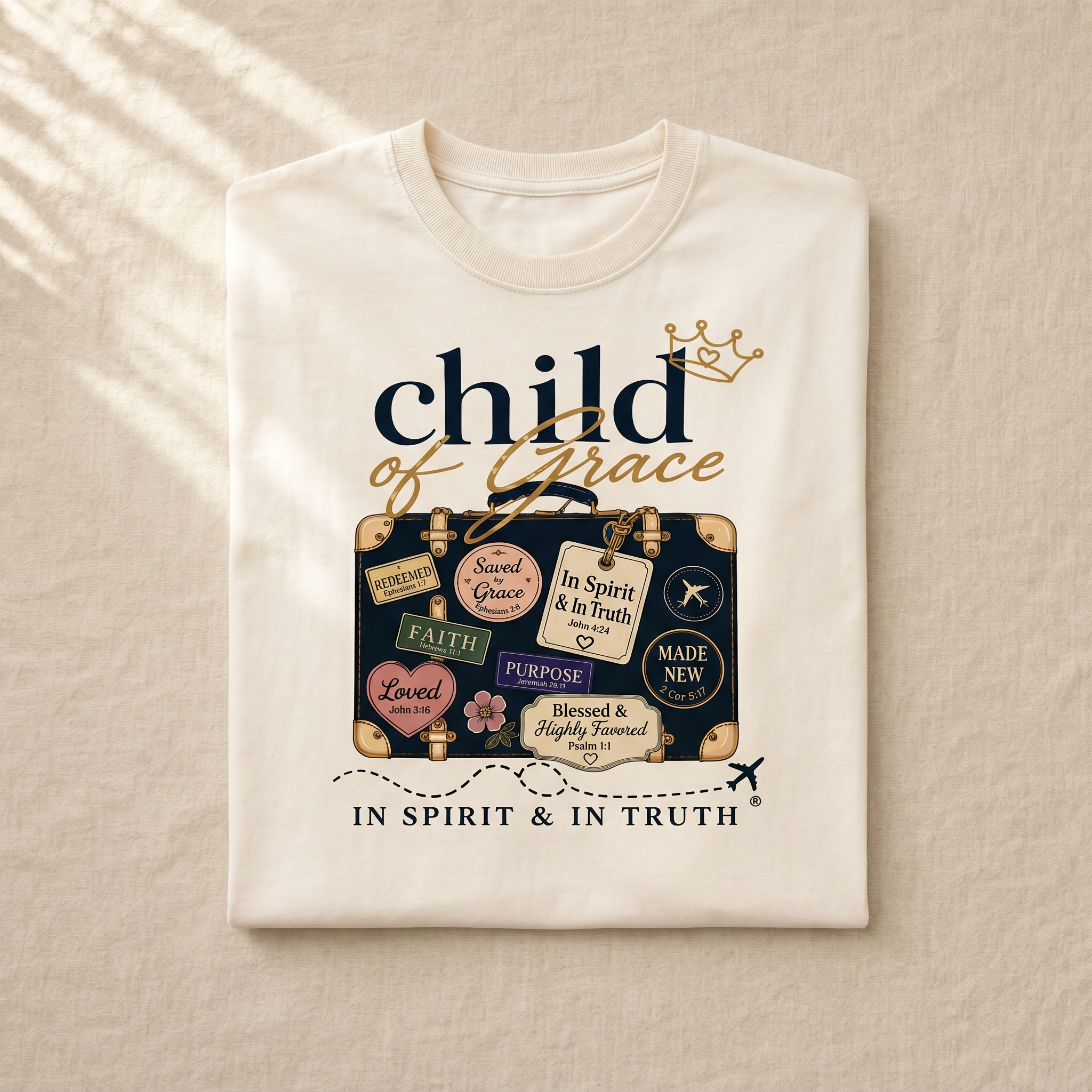 Child Of Grace Traveler Tee — Cloud White folded flat-lay on cream linen