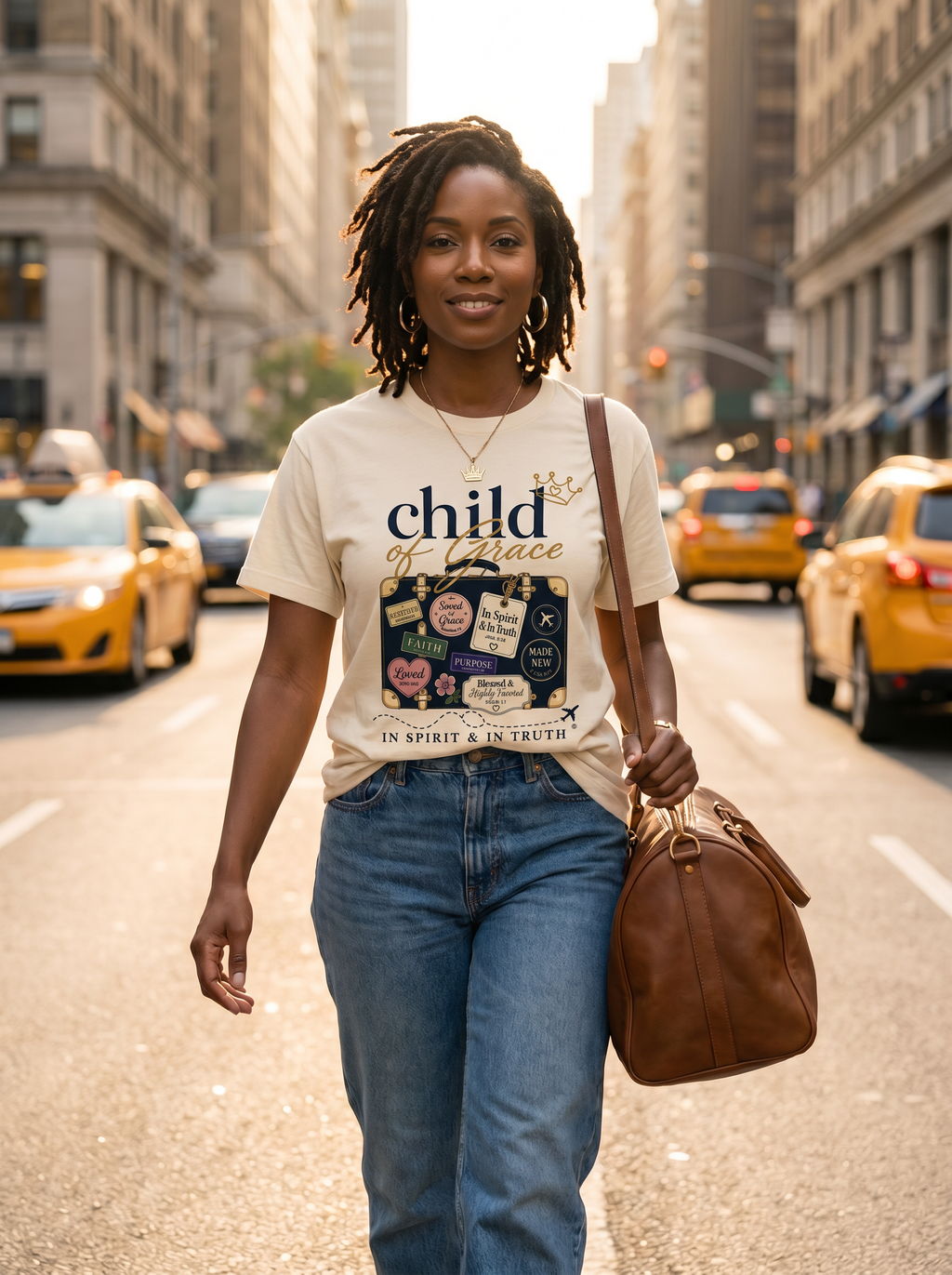 Child Of Grace Traveler Tee — editorial NYC street lifestyle photograph