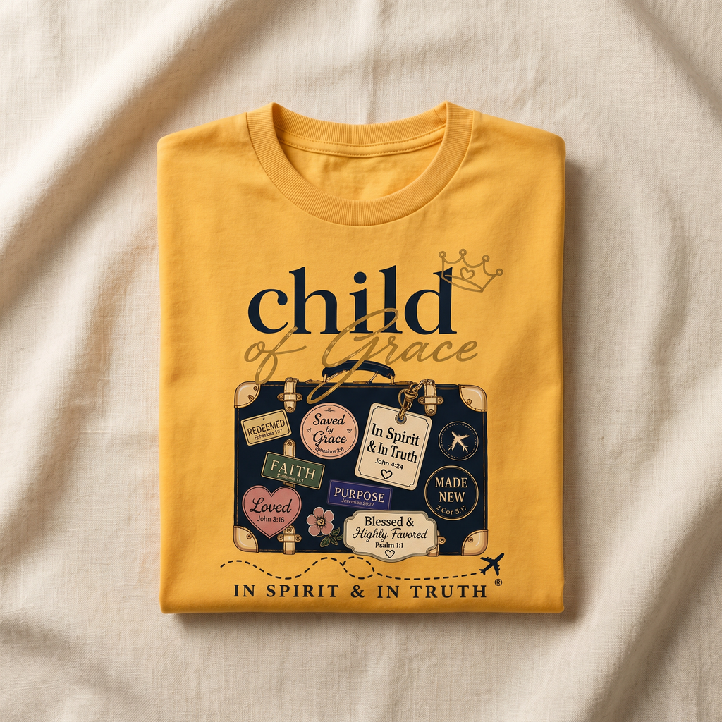 Child Of Grace Traveler Tee — Marigold folded flat-lay on cream linen