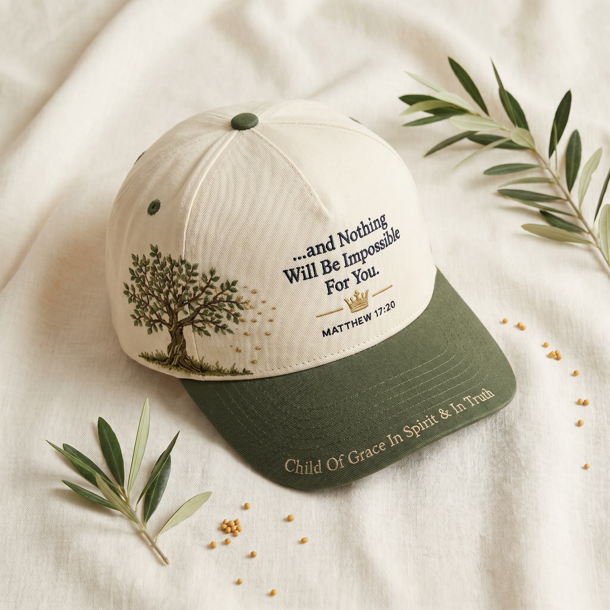 Child Of Grace ...and Nothing Will Be Impossible For You Tree Hat — flatlay with olive branches and mustard seeds