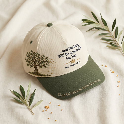 Child Of Grace ...and Nothing Will Be Impossible For You Tree Hat — flatlay with olive branches and mustard seeds